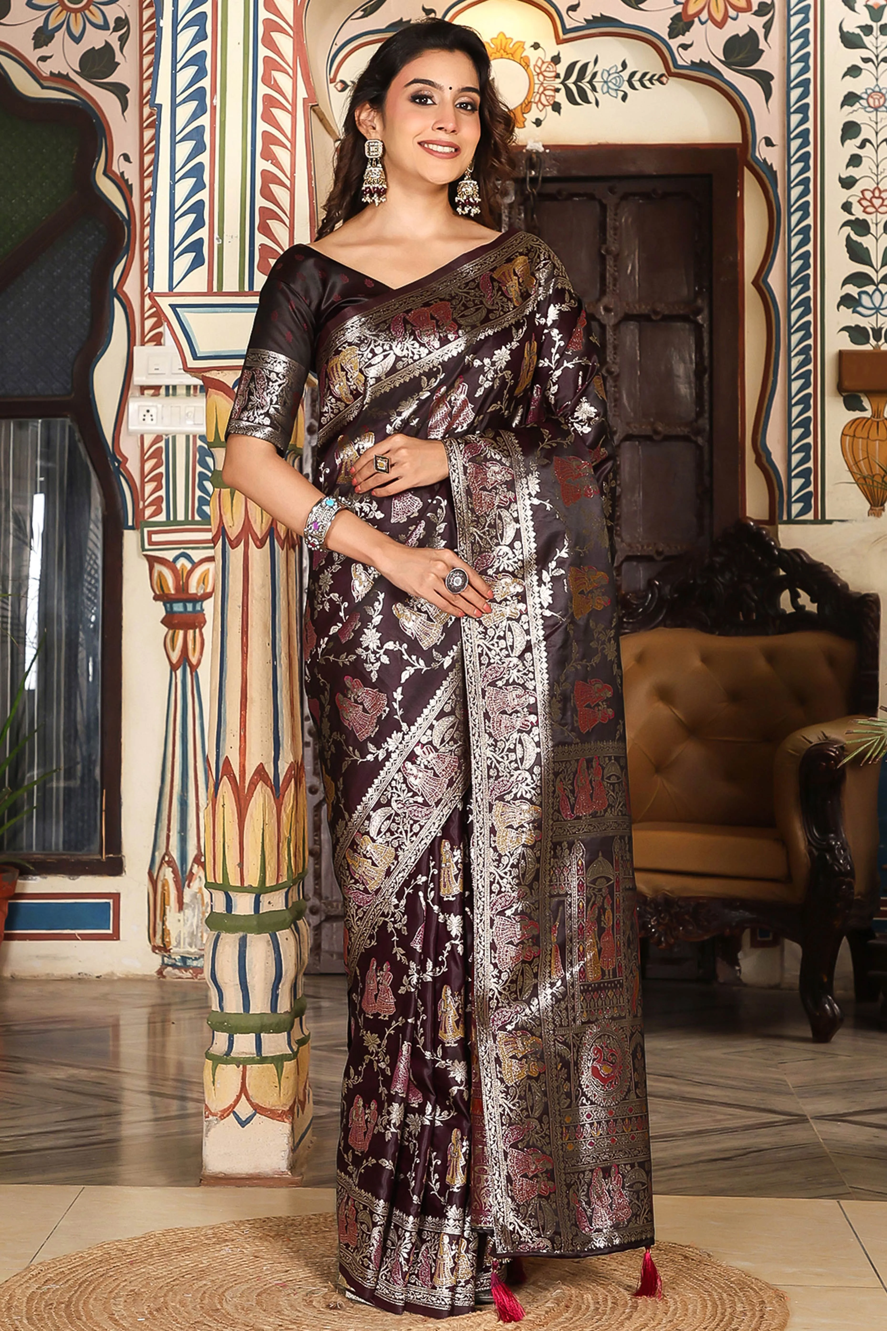 Luxurious Drak Maroon Silk Blend Saree With Intricate Floral Zari Weaving & Tassel Pallu - Image 3