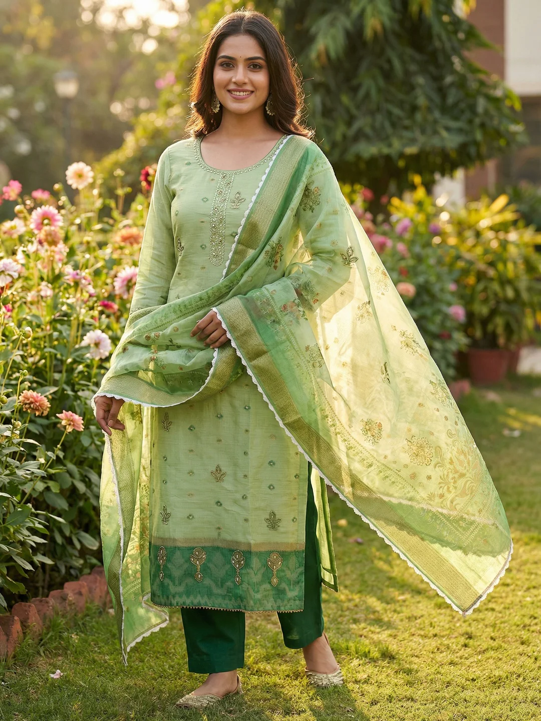 Luxurious Green Floral Beads & Moti Handwork Banarasi Silk Dress Material With Shimmering Sequins