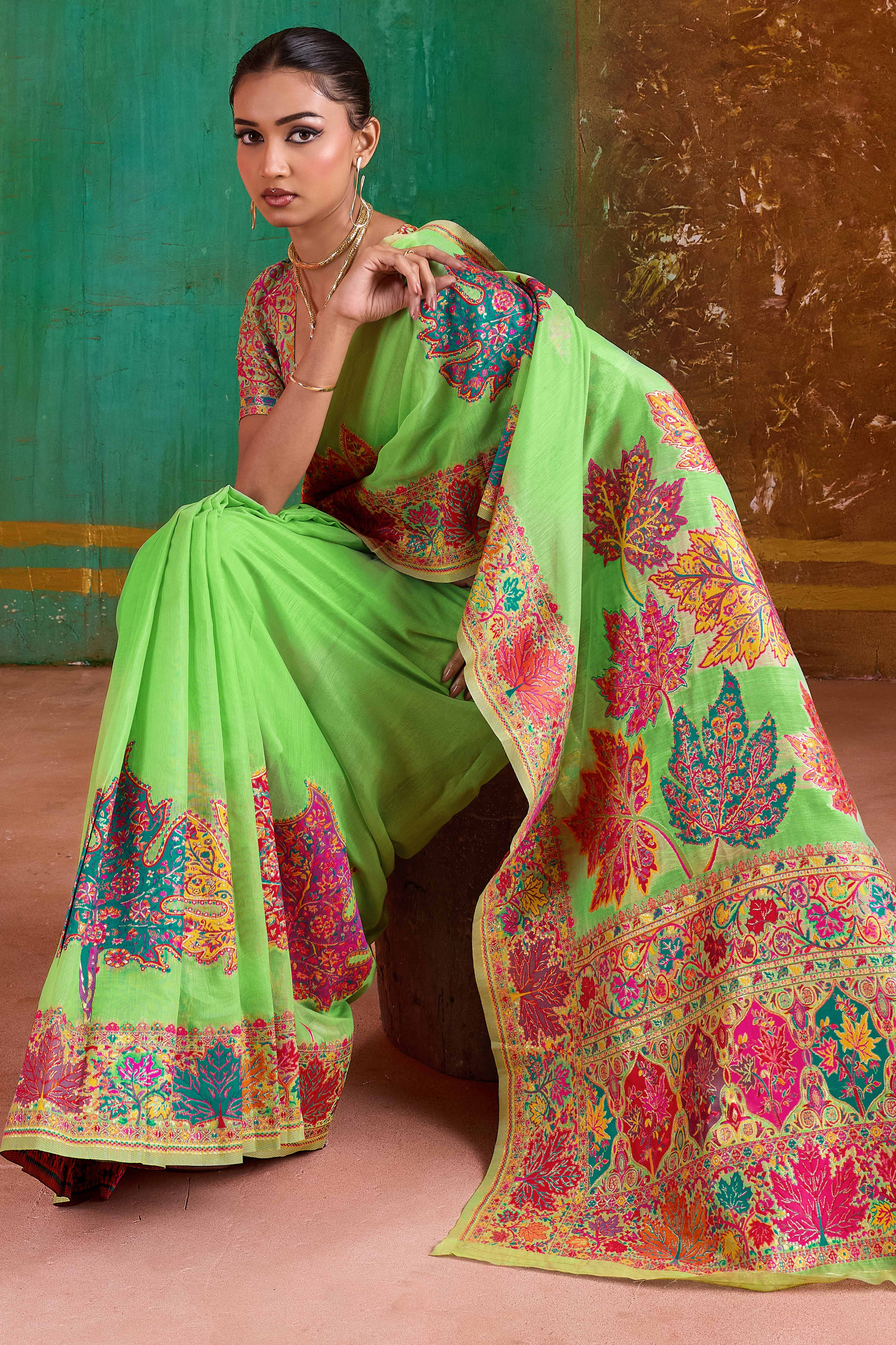 Luxurious Green Leaf Motif Pashmina Weaving Modal Cotton Blend Saree With Refined Appeal - Image 3