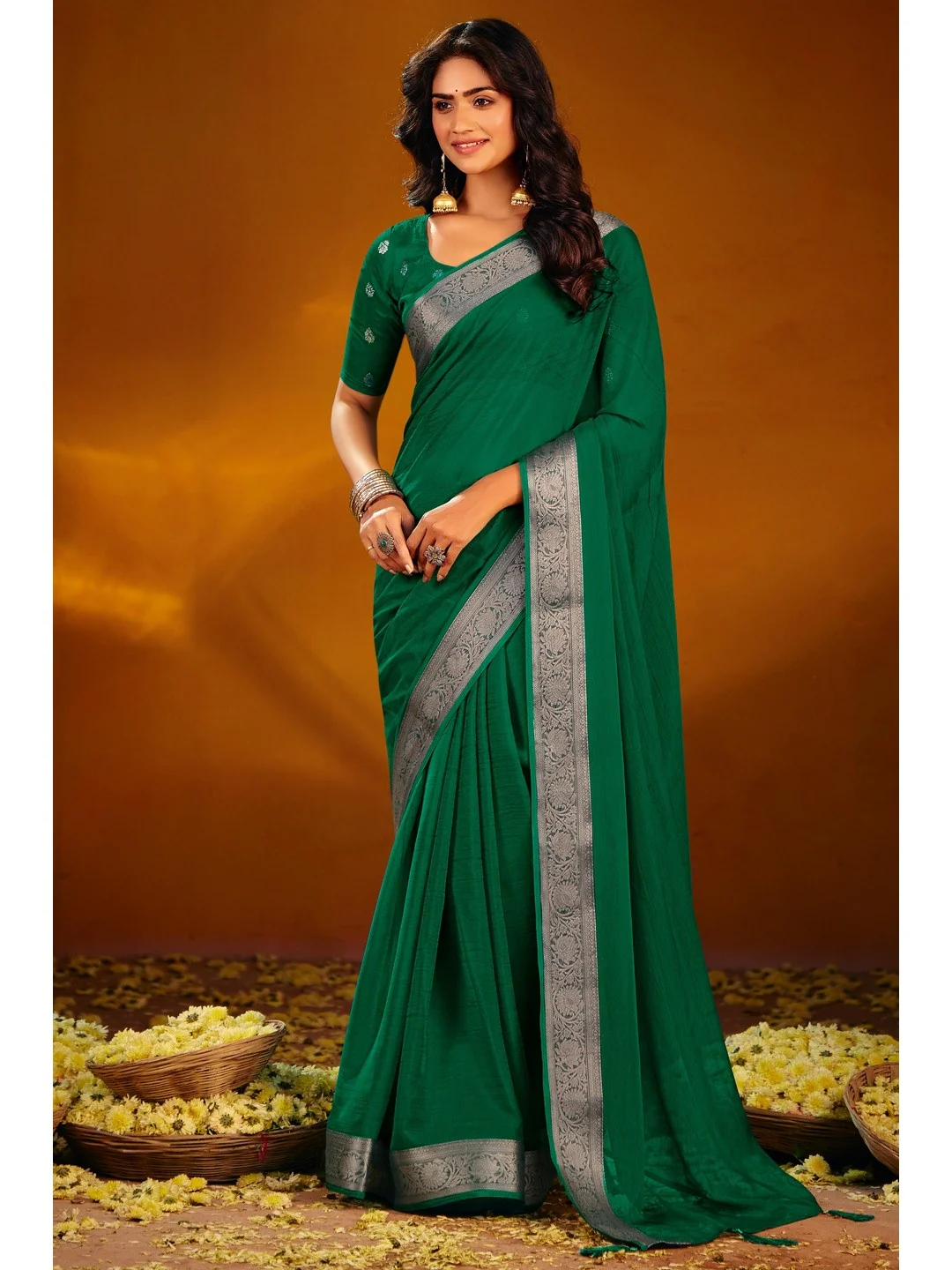 Luxurious Green Solid Chiffon Saree Enhanced By Floral Weaving Jacquard Border