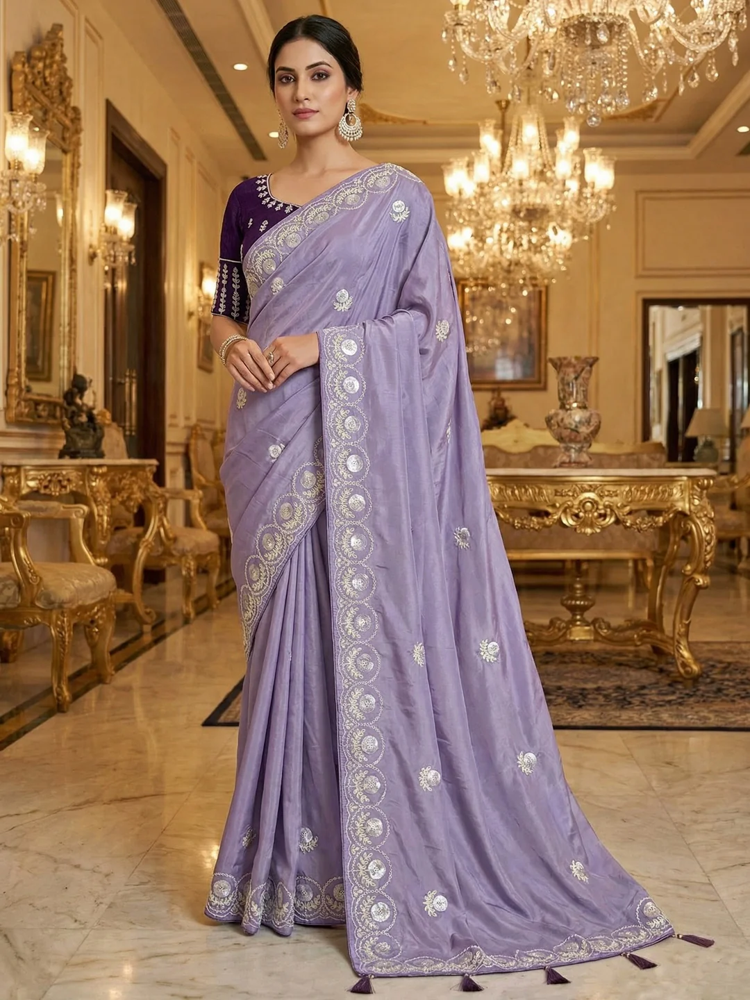 Luxurious Lavender Crepe Saree Featuring Floral Sequins Embroidery & Designer Tassel Pallu