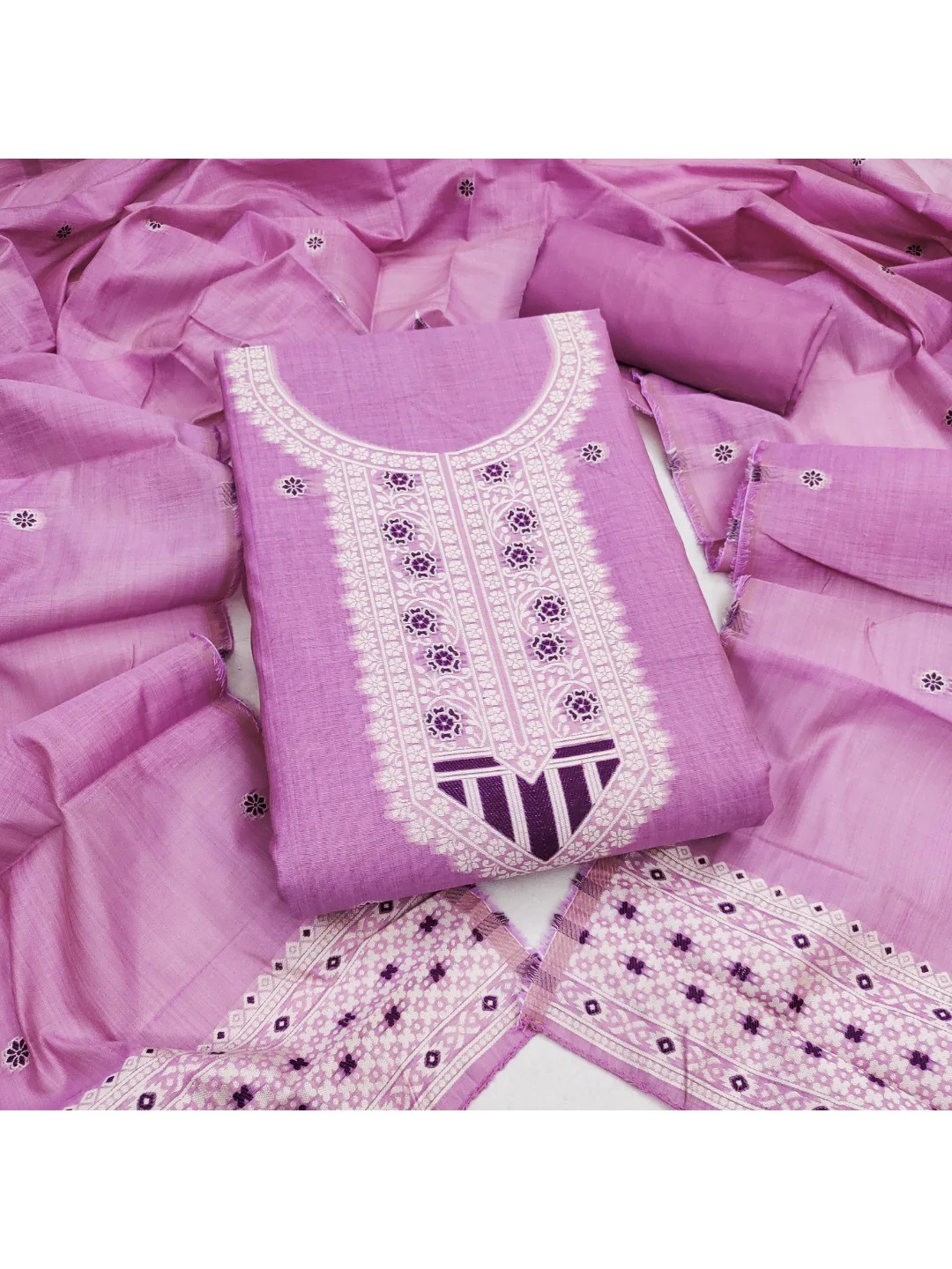 Luxurious Light Purple Traditional Floral Weaving Jamdani Chanderi Cotton Dress Material - Image 3