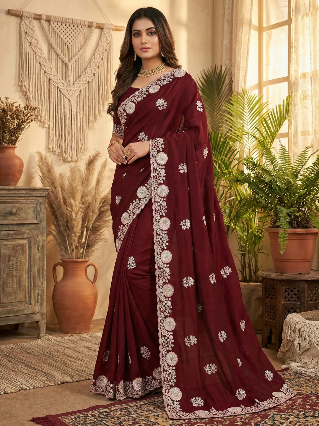 Luxurious Maroon Floral Vichitra Silk Saree Embellished With Thread Embroidery & Sequins Work