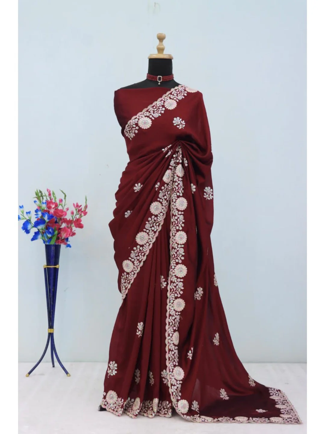 Luxurious Maroon Floral Vichitra Silk Saree Embellished With Thread Embroidery & Sequins Work - Image 2
