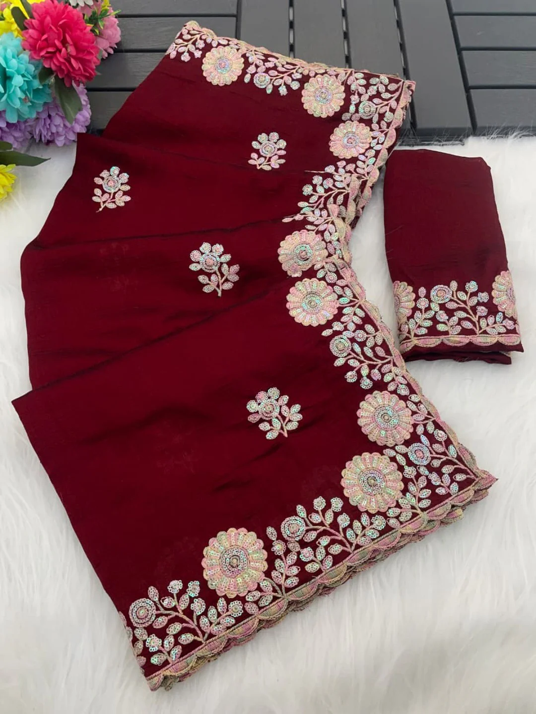 Luxurious Maroon Floral Vichitra Silk Saree Embellished With Thread Embroidery & Sequins Work - Image 6