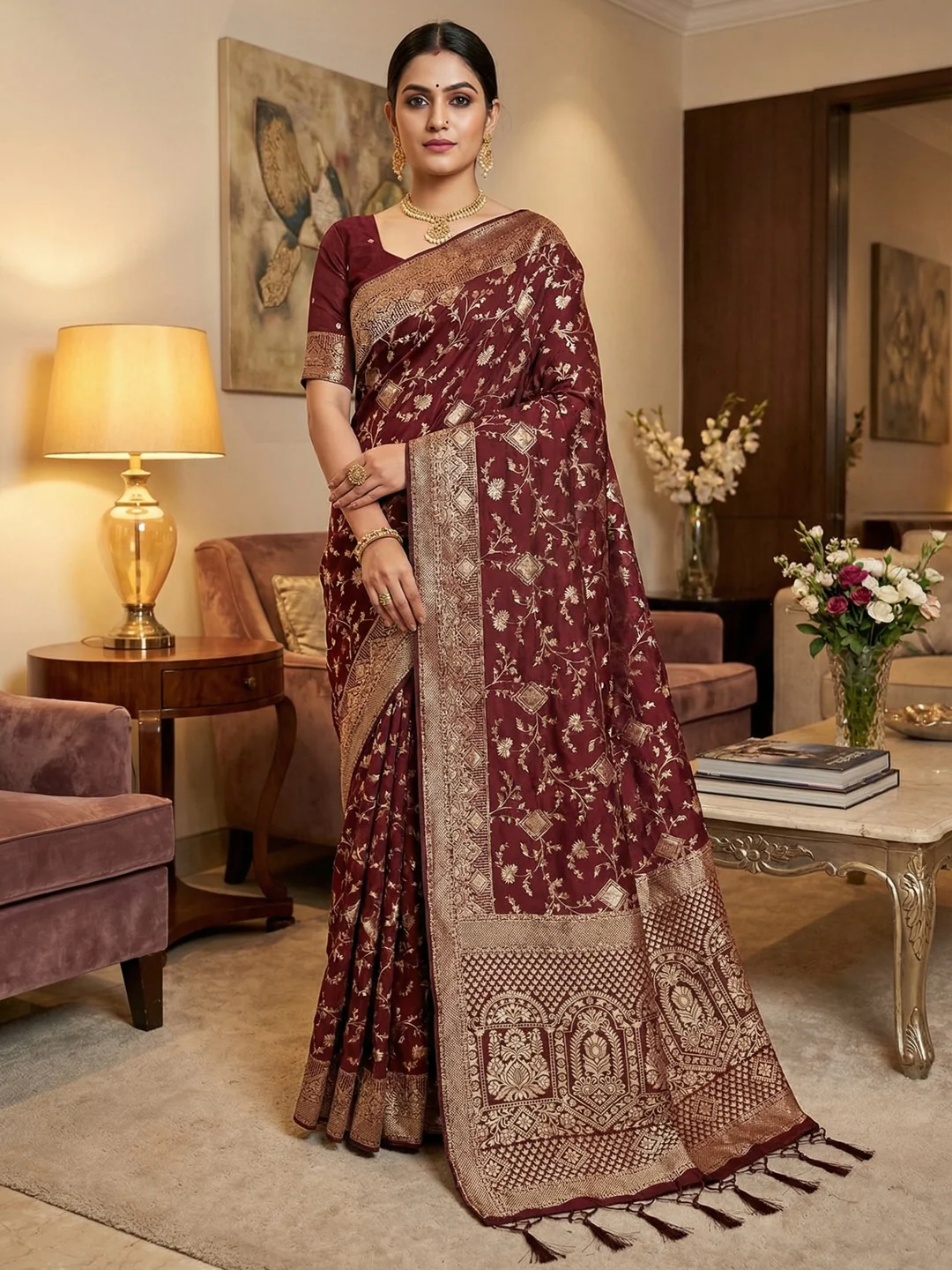 Luxurious Maroon Floral Weaving Dola Silk Saree With Handcrafted Tassel Pallu Finish