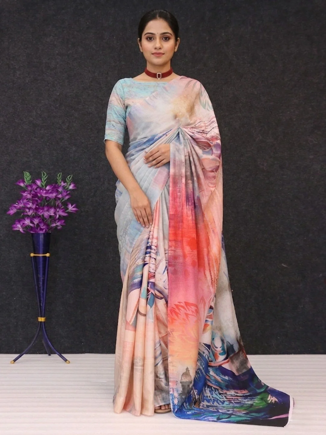 Luxurious Multicolor Abstract Digital Print Chinon Saree With Rich Craft Work