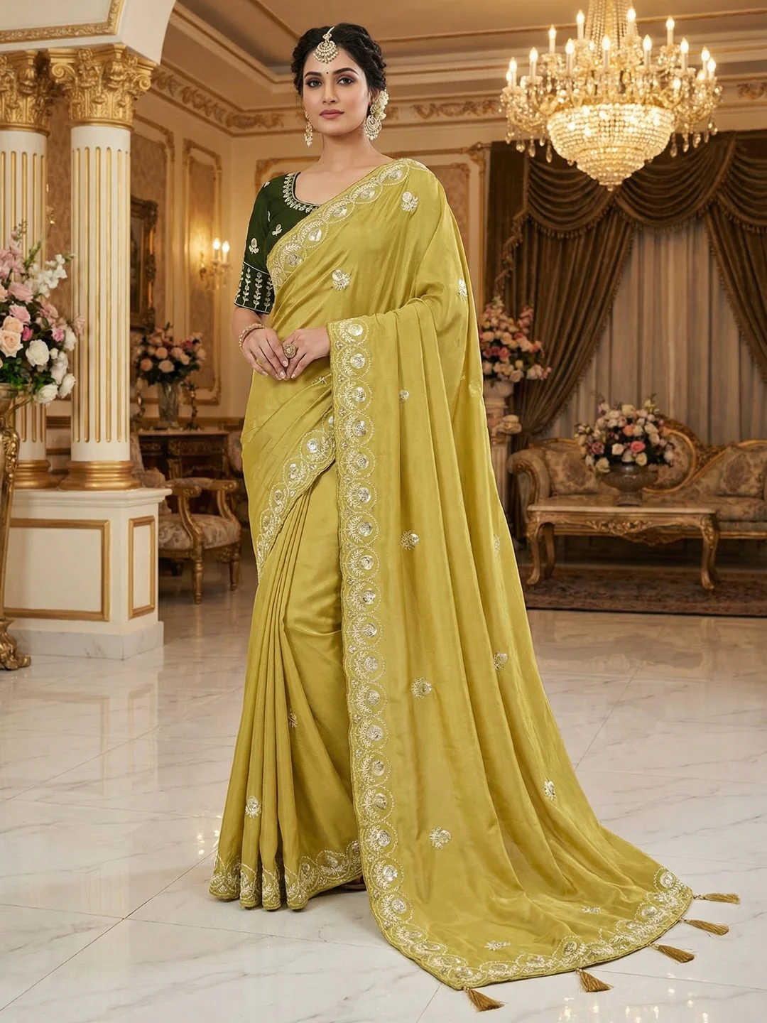 Luxurious Mustard Crepe Saree Featuring Floral Sequins Embroidery & Designer Tassel Pallu
