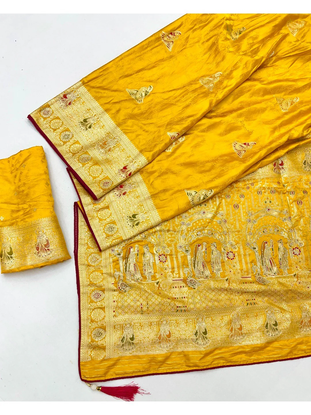 Luxurious Mustard Satin Saree With Artistic Weaving Design & Gleaming Stone Work Accents - Image 3