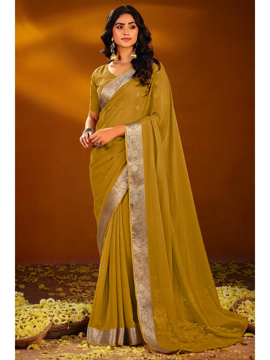 Luxurious Mustard Solid Chiffon Saree Enhanced By Floral Weaving Jacquard Border
