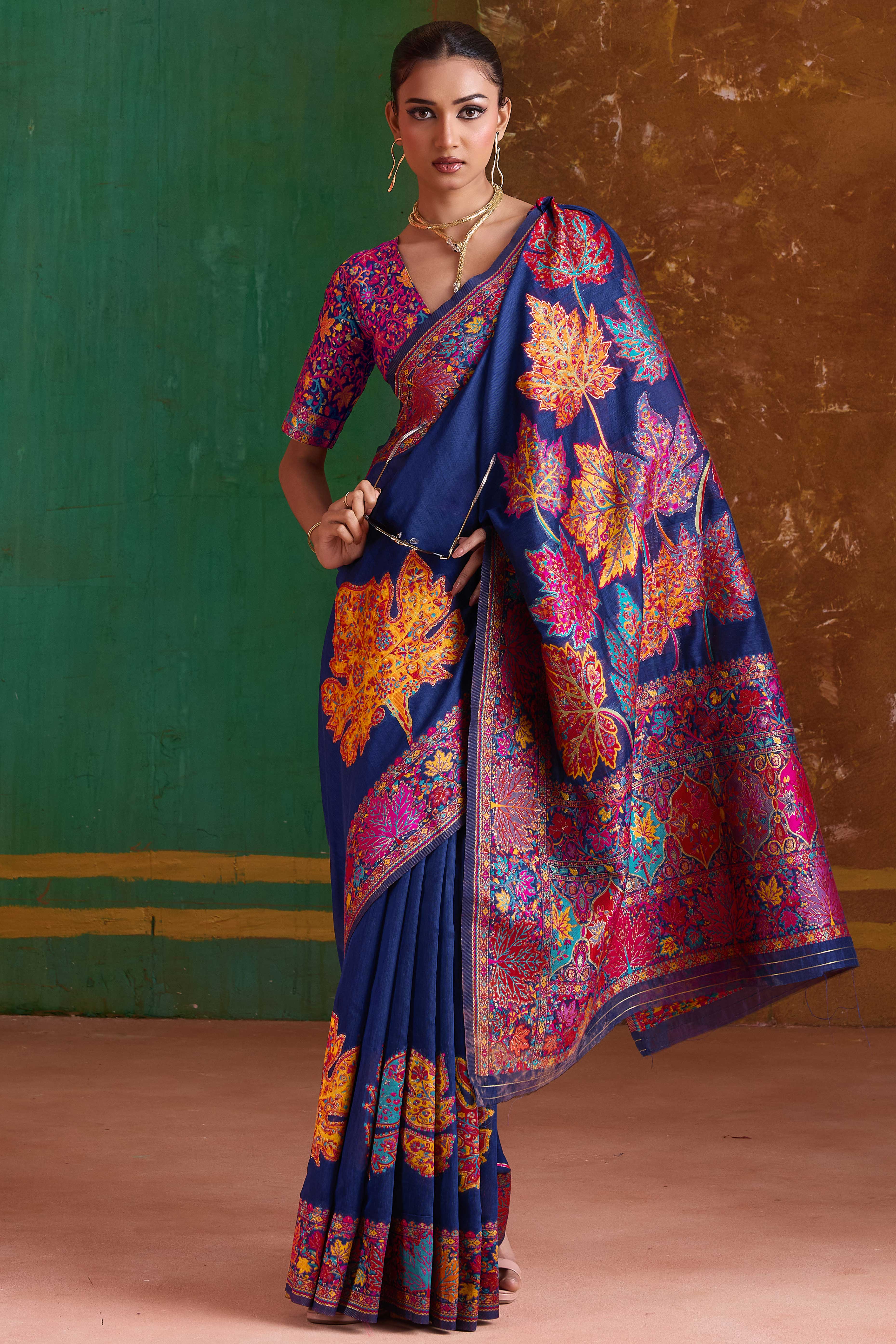 Luxurious Navy Blue Leaf Motif Pashmina Weaving Modal Cotton Blend Saree With Refined Appeal - Image 3