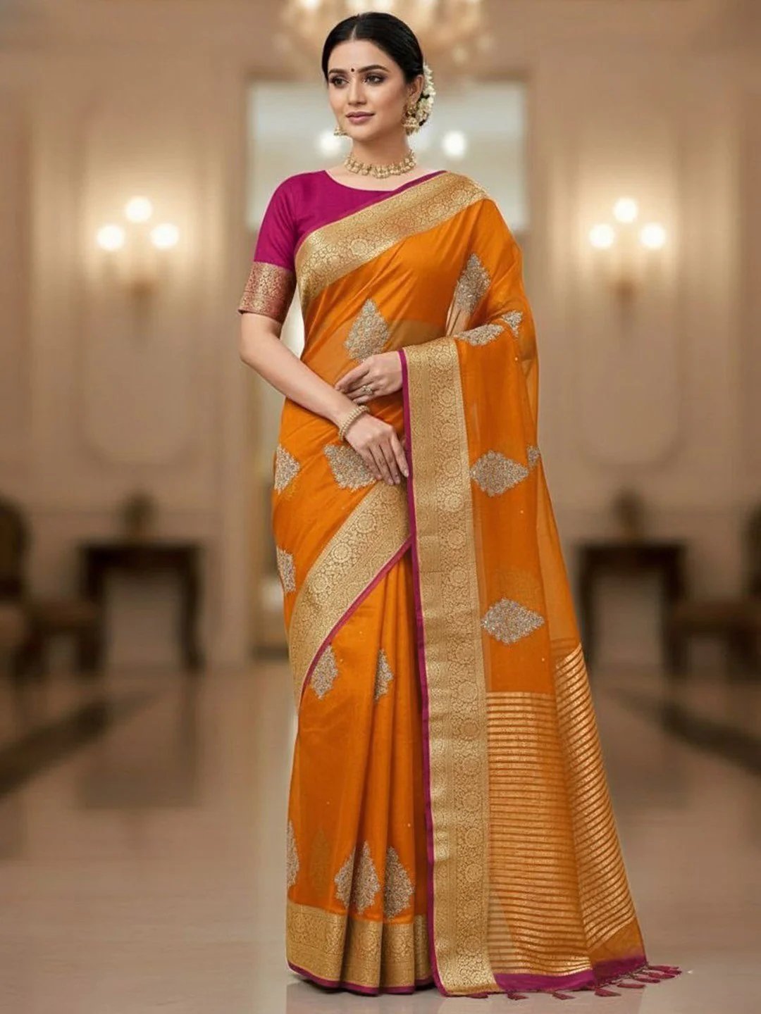 Luxurious Orange Floral Sequins Embroidery Organza Saree With Intricate Weaving Jacquard Border