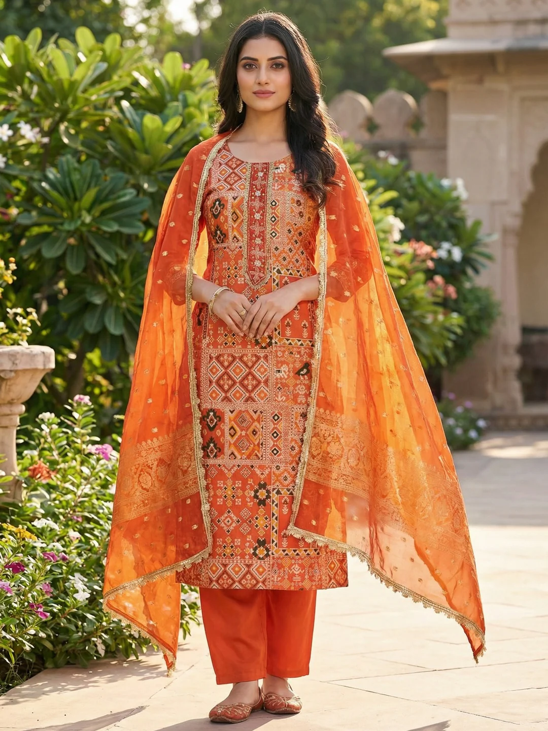 Luxurious Orange Weaving Viscose Banarasi Dress Material Highlighted With Beads & Moti Handwork