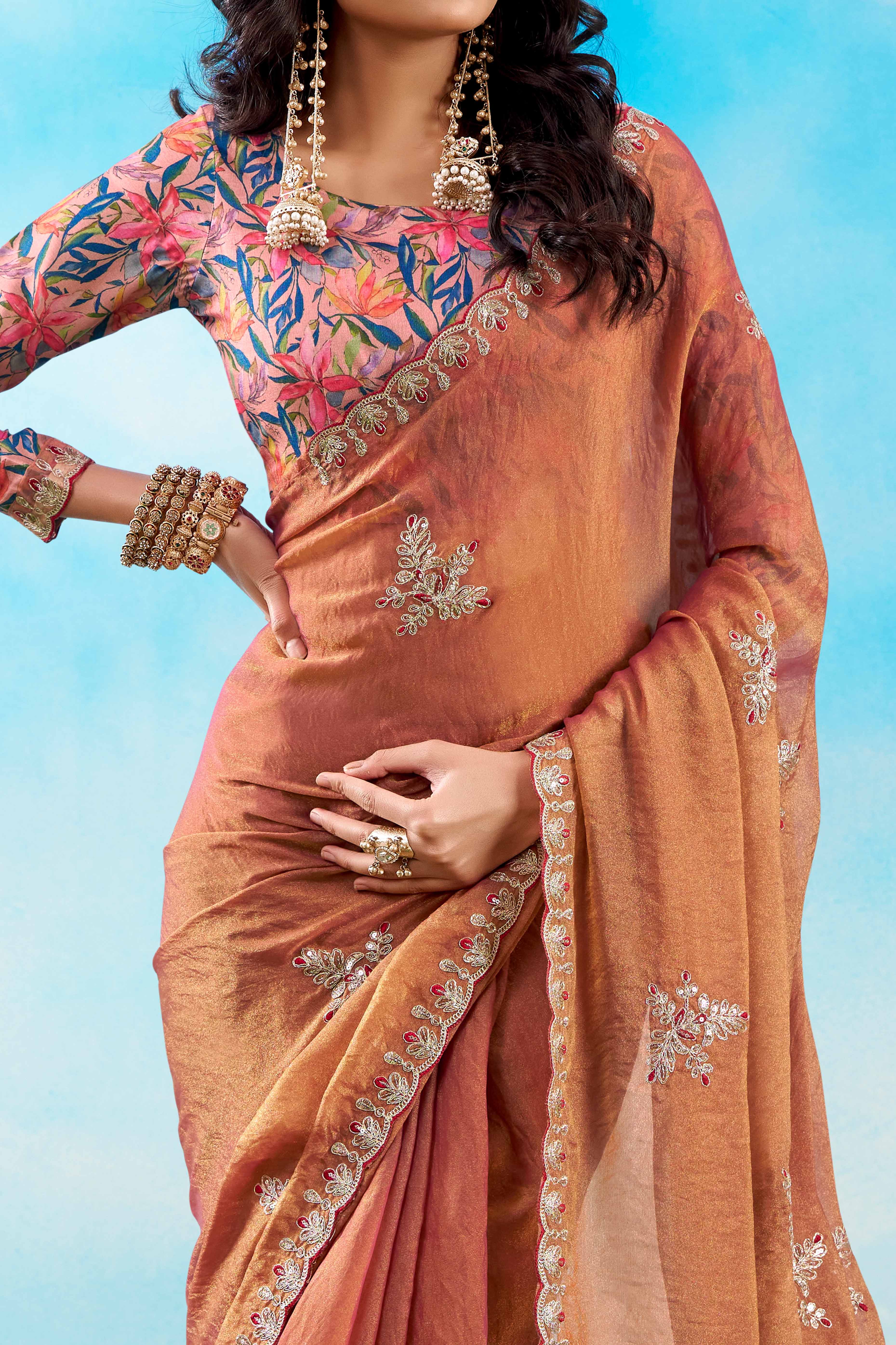 Luxurious Peach Chiffon Saree Showcasing Floral Sequins Embroidery In A Two Tone Finish - Image 2