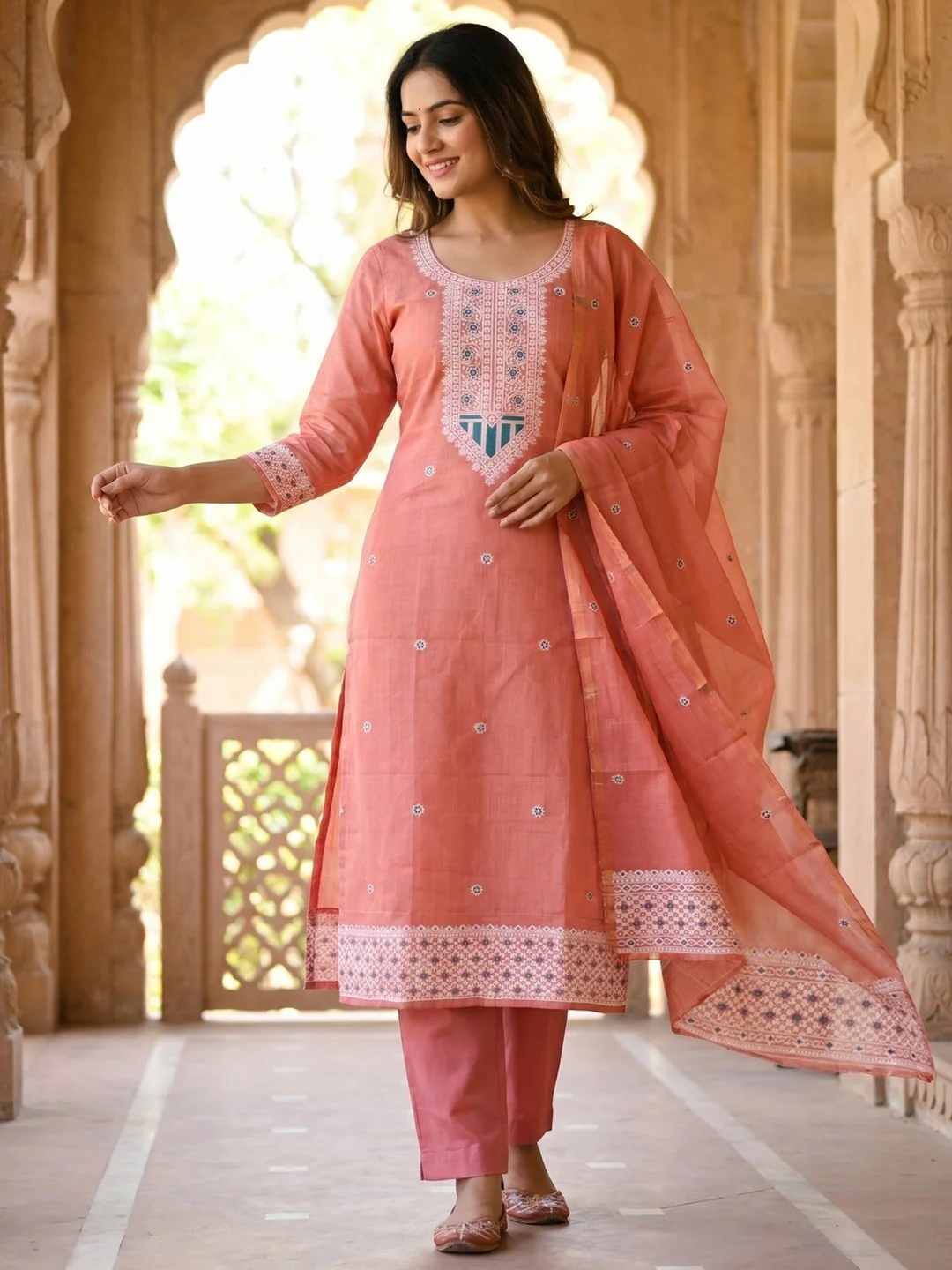 Luxurious Peach Traditional Floral Weaving Jamdani Chanderi Cotton Dress Material