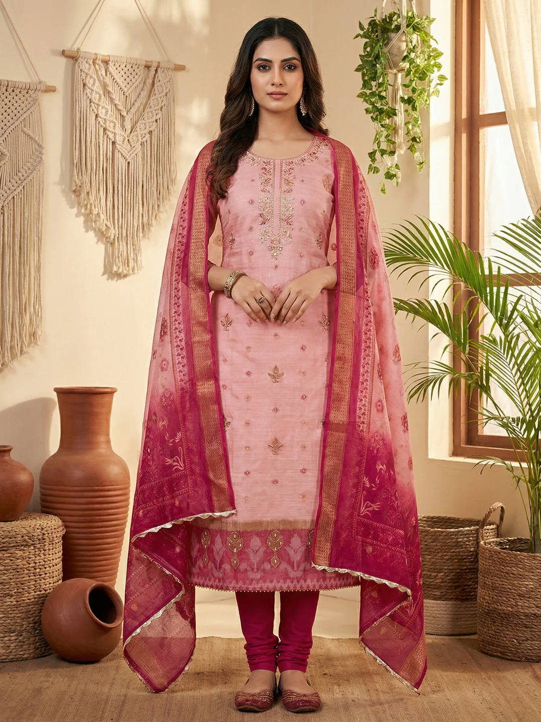 Luxurious Pink Floral Beads & Moti Handwork Banarasi Silk Dress Material With Shimmering Sequins
