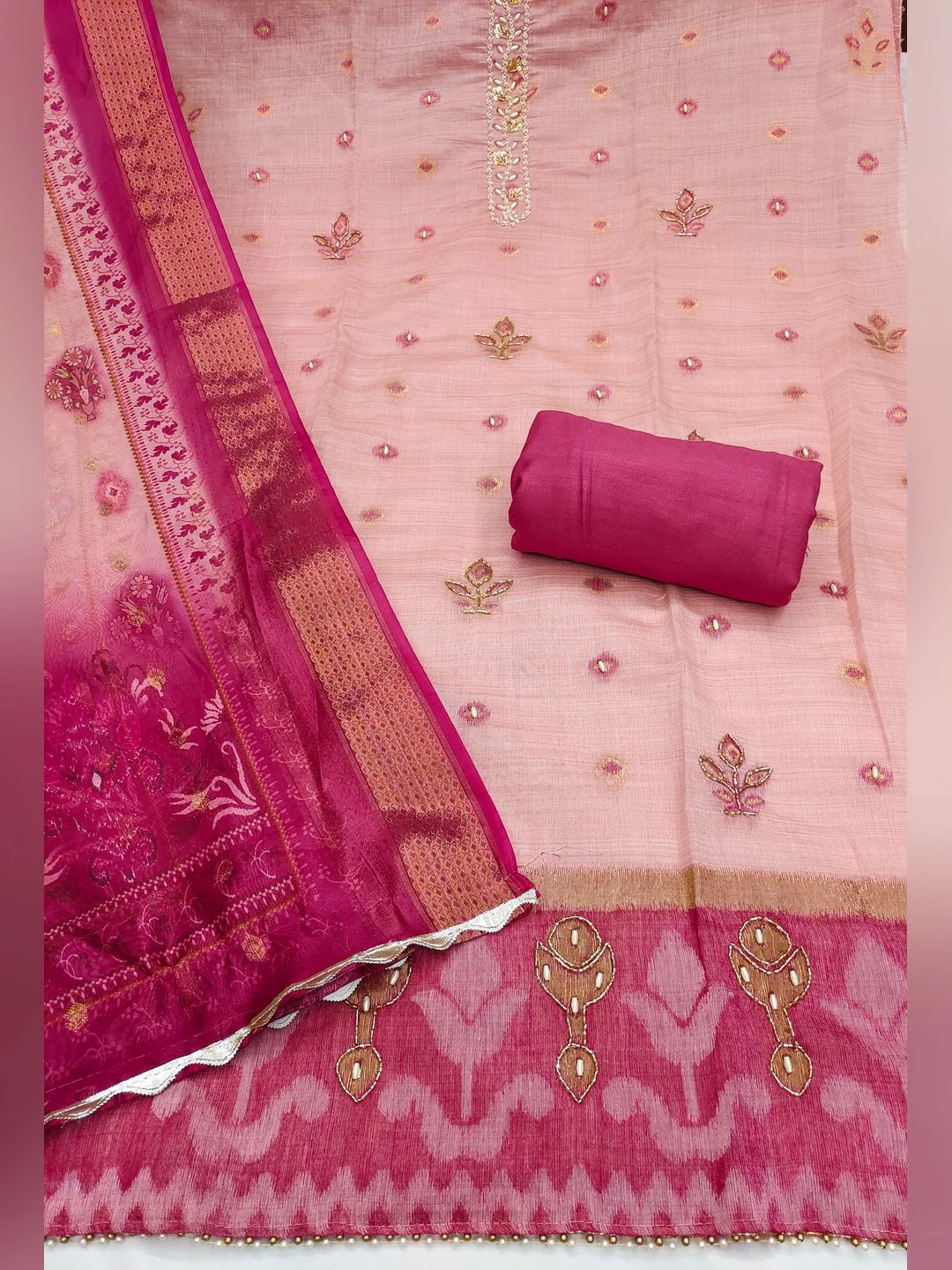 Luxurious Pink Floral Beads & Moti Handwork Banarasi Silk Dress Material With Shimmering Sequins - Image 3