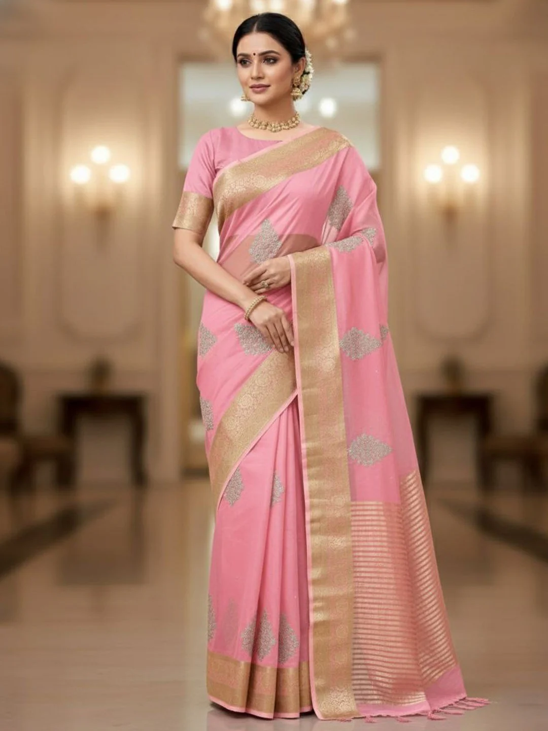 Luxurious Pink Floral Sequins Embroidery Organza Saree With Intricate Weaving Jacquard Border