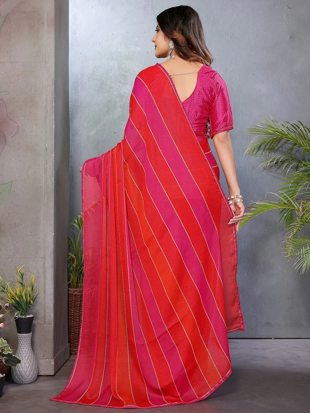 Luxurious Pink & Red Weaving Satin Saree Adorned With Swarovski Work - Image 5