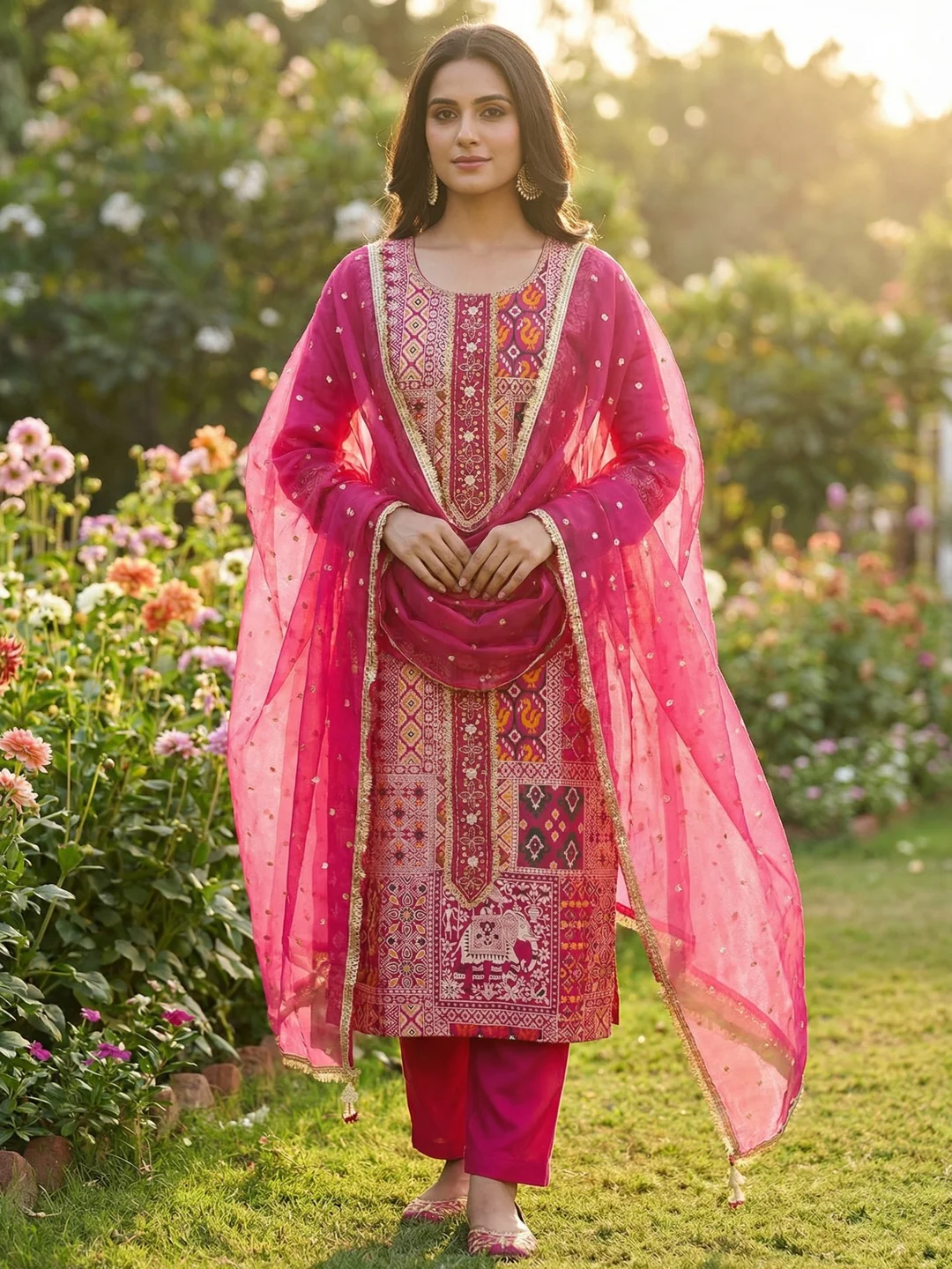 Luxurious Pink Weaving Viscose Banarasi Dress Material Highlighted With Beads & Moti Handwork
