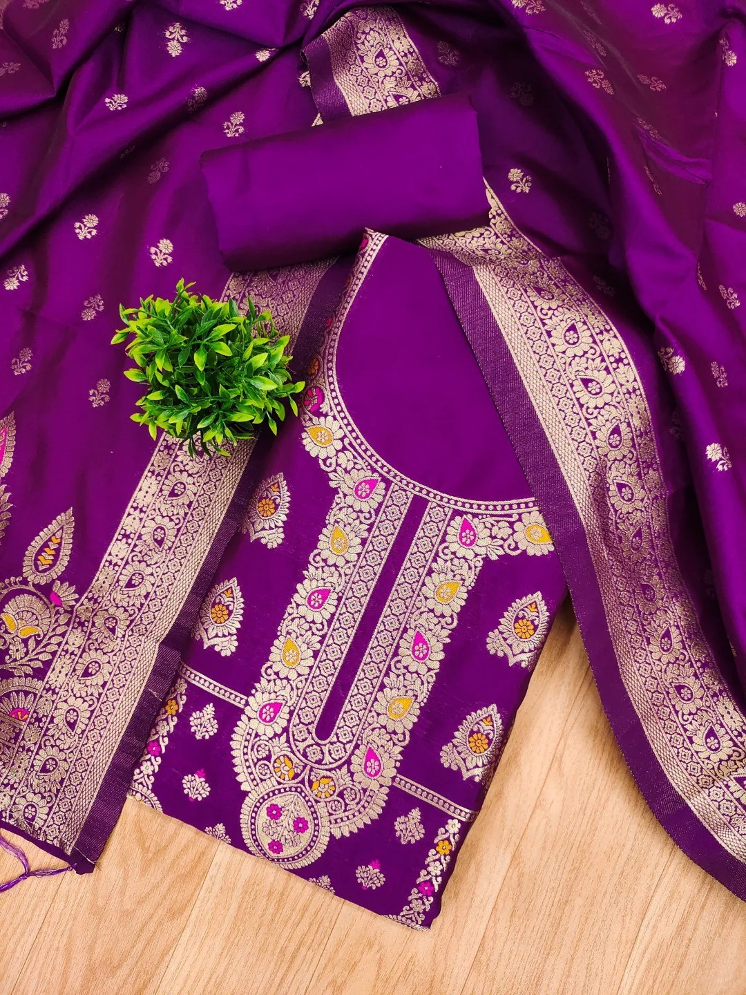 Luxurious Purple Banarasi Silk Dress Material Showcasing Rich Floral Zari Weaving Design