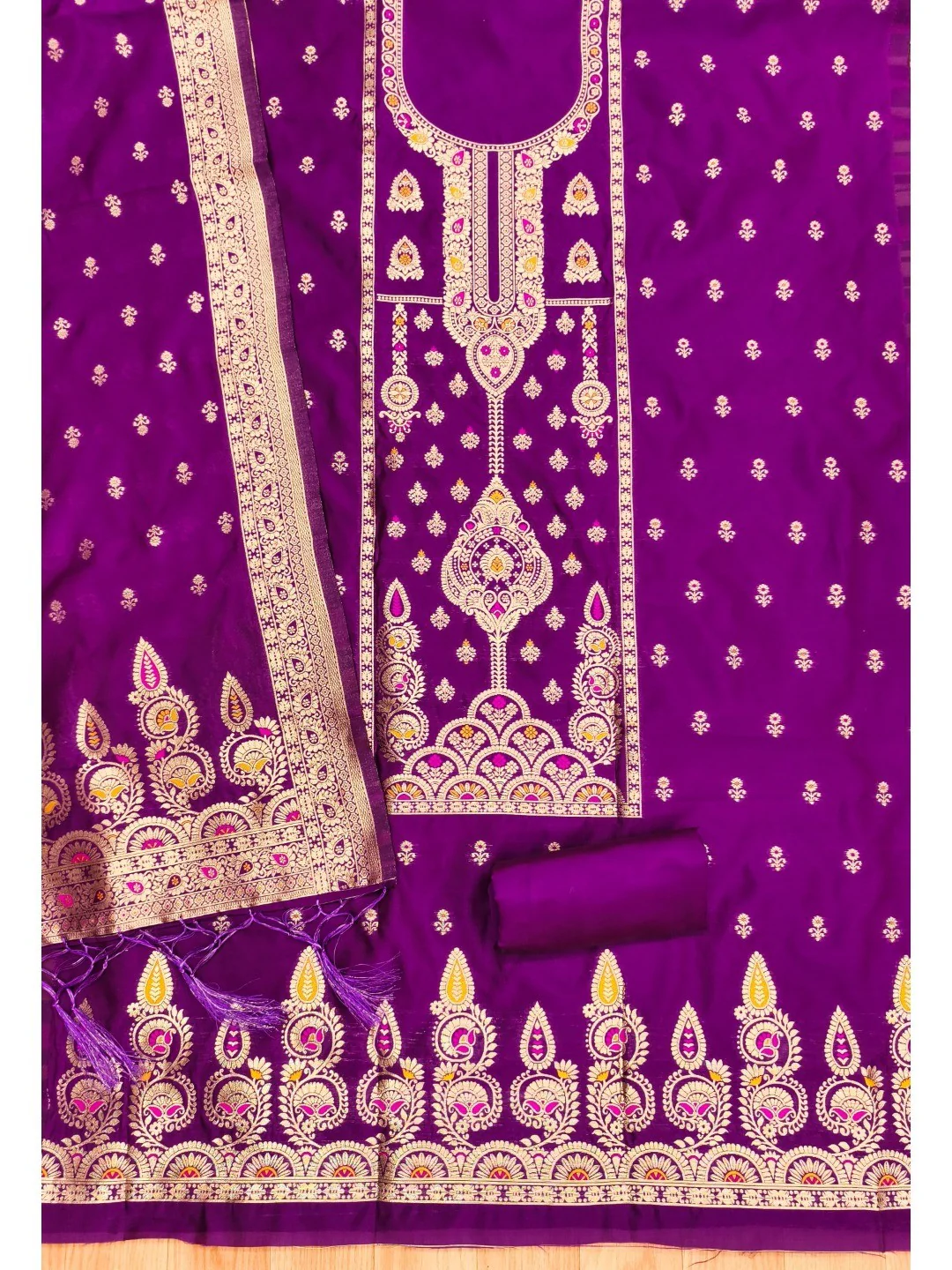 Luxurious Purple Banarasi Silk Dress Material Showcasing Rich Floral Zari Weaving Design - Image 3