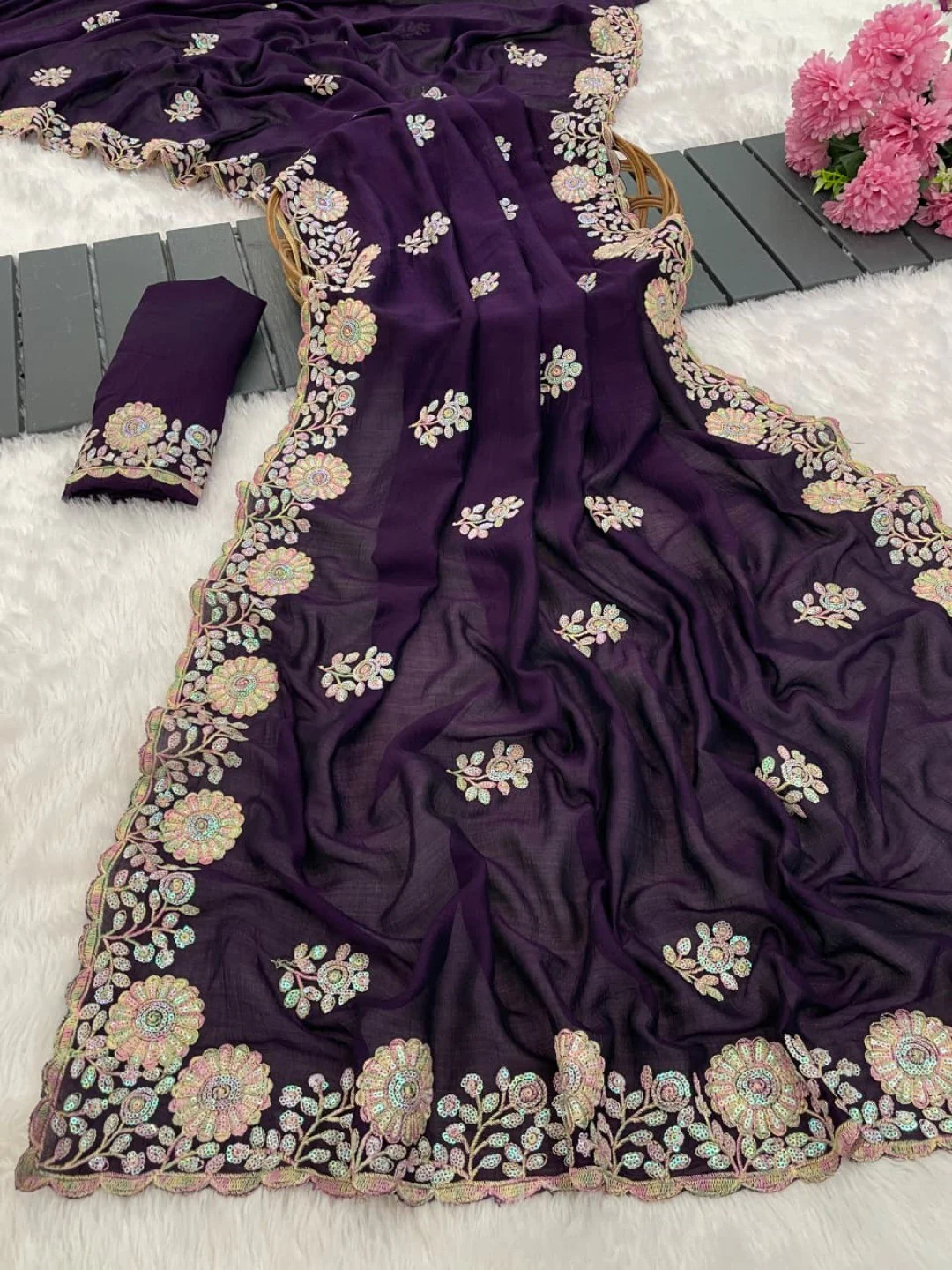 Luxurious Purple Floral Vichitra Silk Saree Embellished With Thread Embroidery & Sequins Work - Image 2