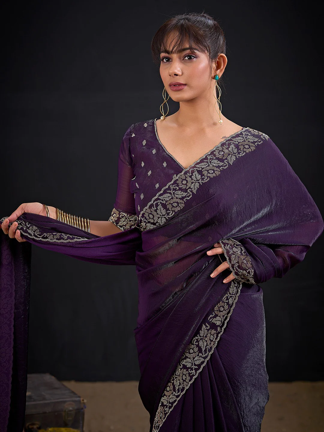 Luxurious Purple Solid Satin Silk Saree Adorned With Floral Stone Work Border - Image 4