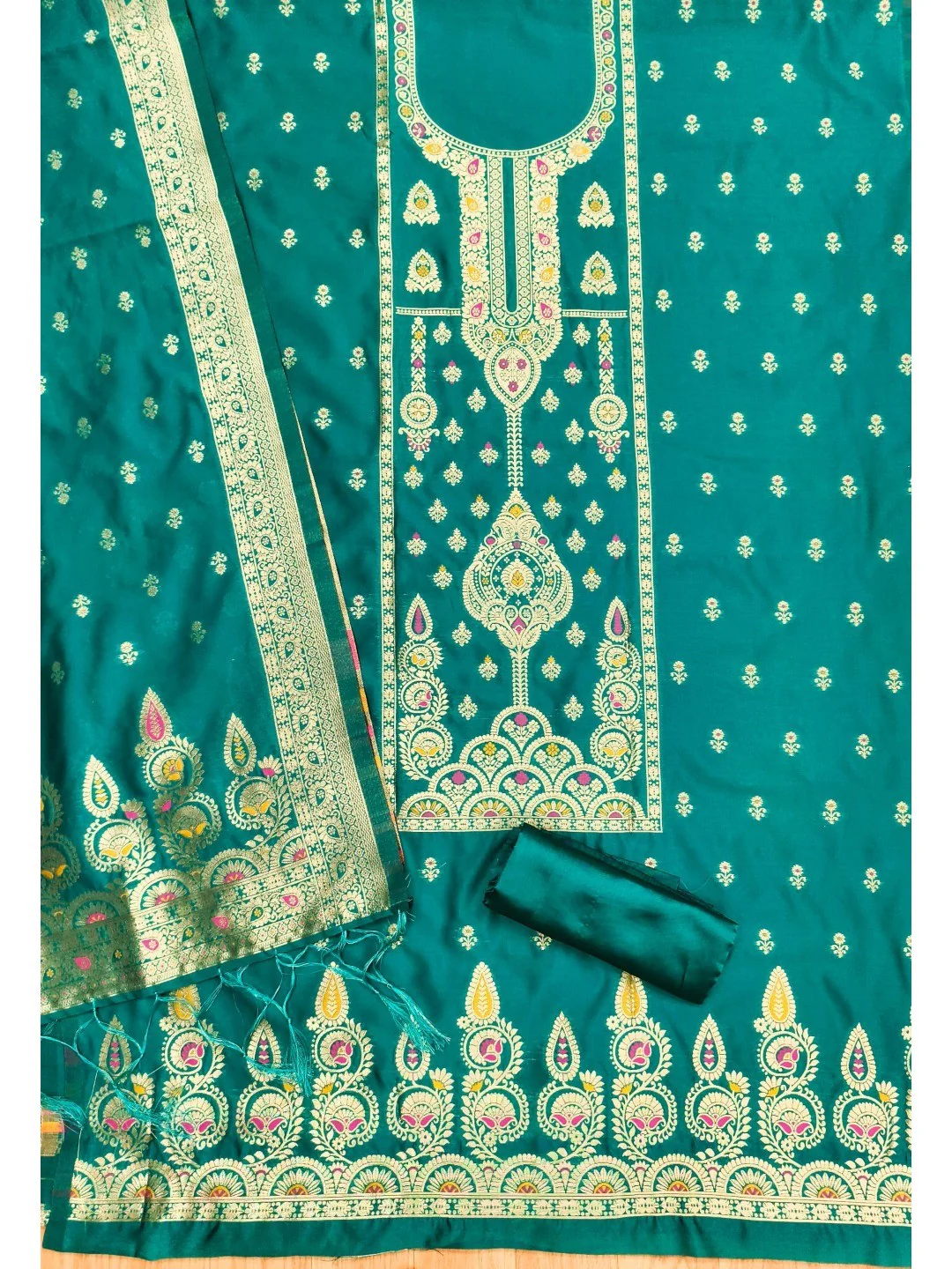 Luxurious Rama Blue Banarasi Silk Dress Material Showcasing Rich Floral Zari Weaving Design - Image 3