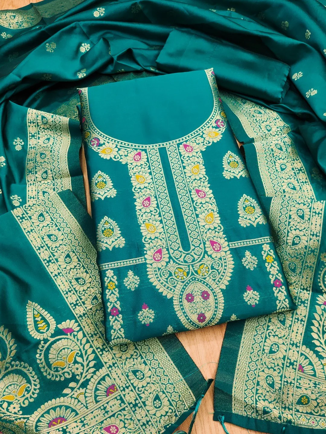 Luxurious Rama Blue Banarasi Silk Dress Material Showcasing Rich Floral Zari Weaving Design - Image 4
