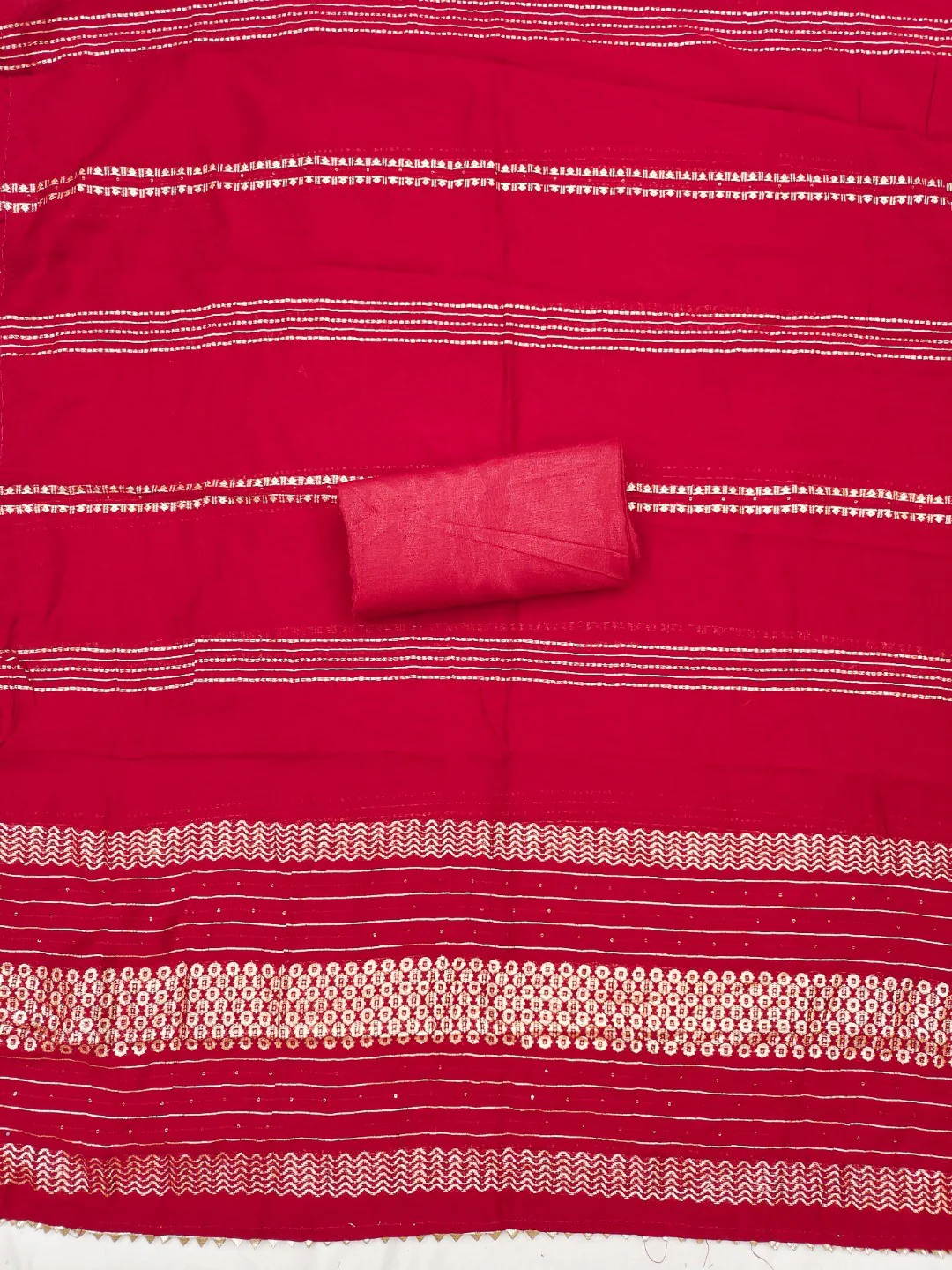 Luxurious Red Floral Woven Art Silk Dress Material Adorned with Swarovski Work - Image 2