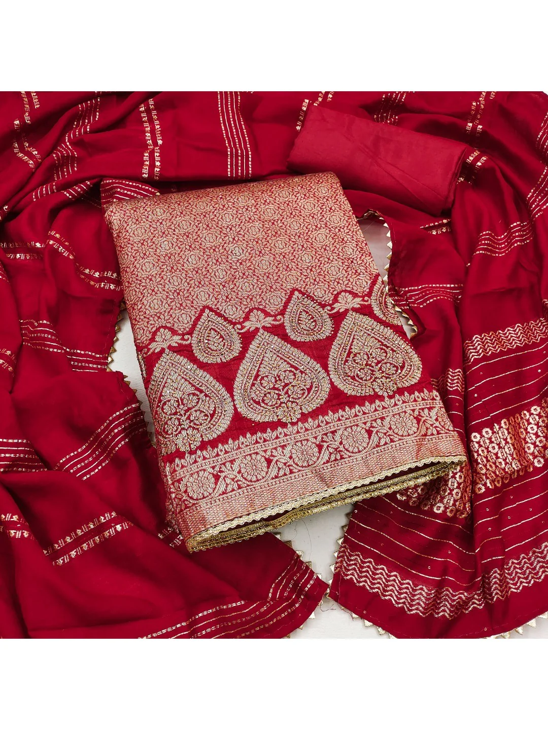 Luxurious Red Floral Woven Art Silk Dress Material Adorned with Swarovski Work - Image 5
