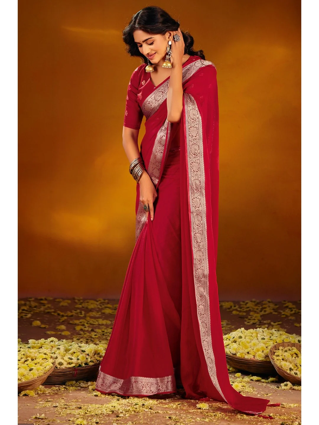 Luxurious Red Solid Chiffon Saree Enhanced By Floral Weaving Jacquard Border