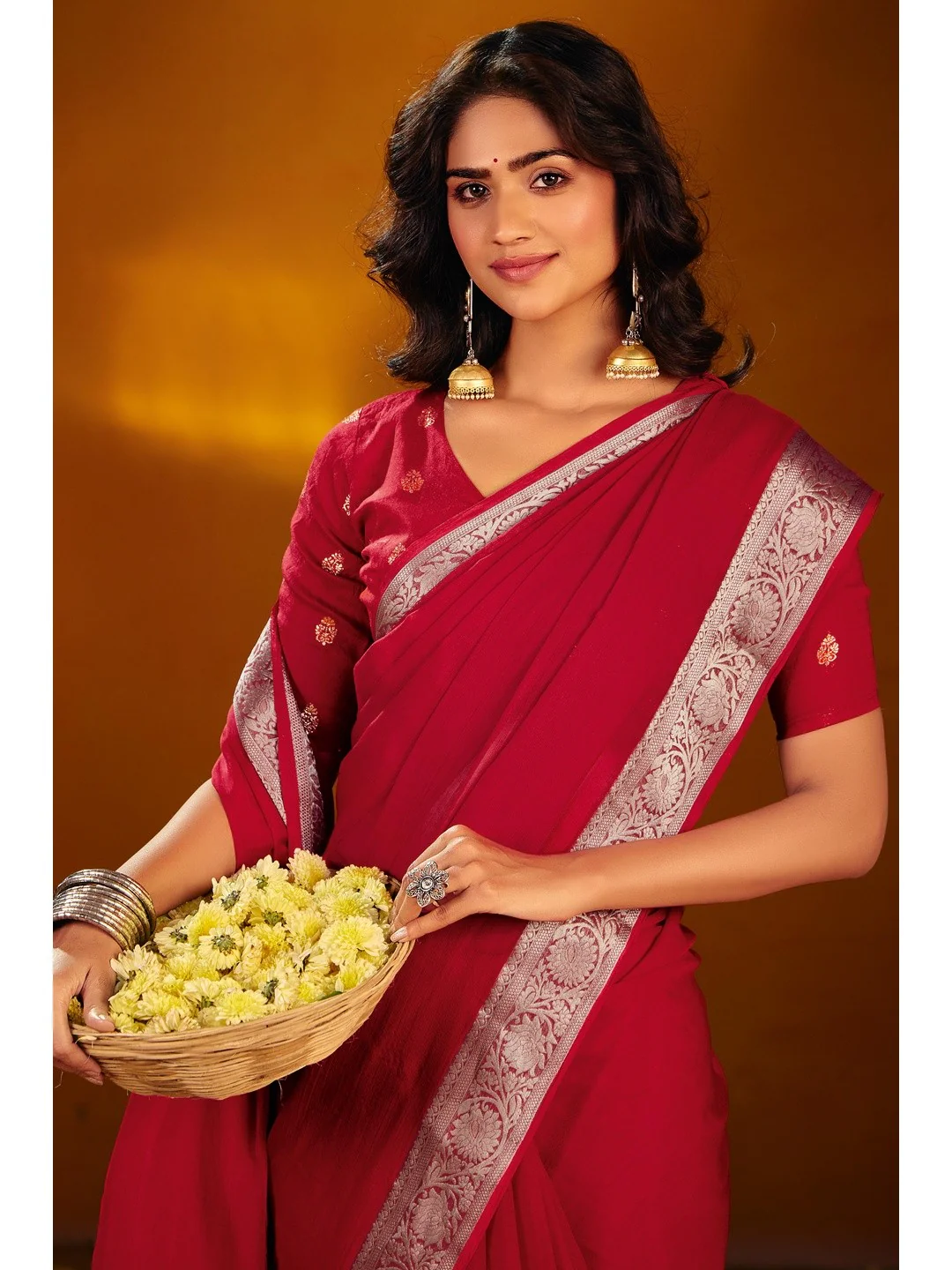Luxurious Red Solid Chiffon Saree Enhanced By Floral Weaving Jacquard Border - Image 3