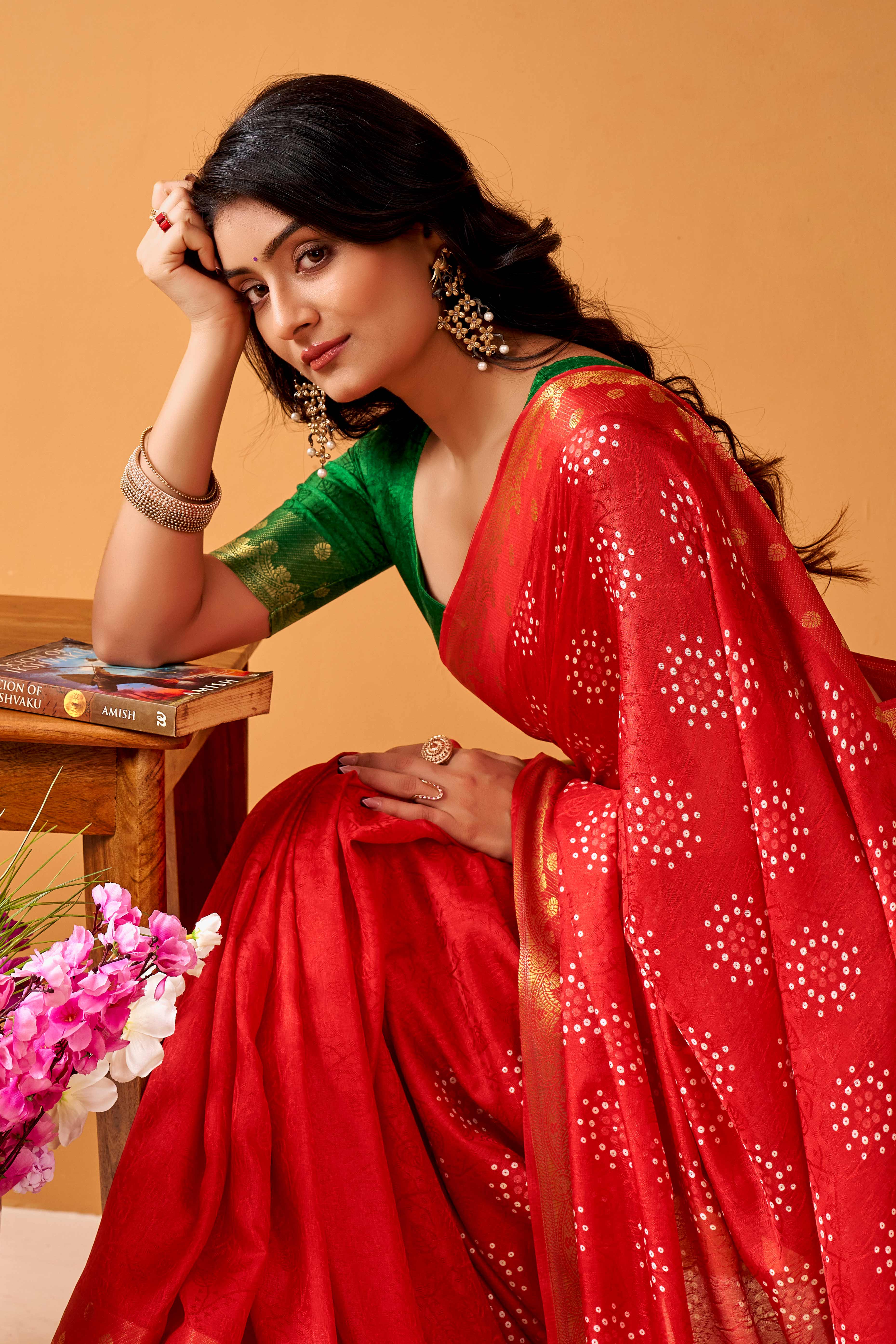 Luxurious Red Tussar Silk Saree Featuring Traditional Bandhani Print & Peacock Jacquard Border - Image 6