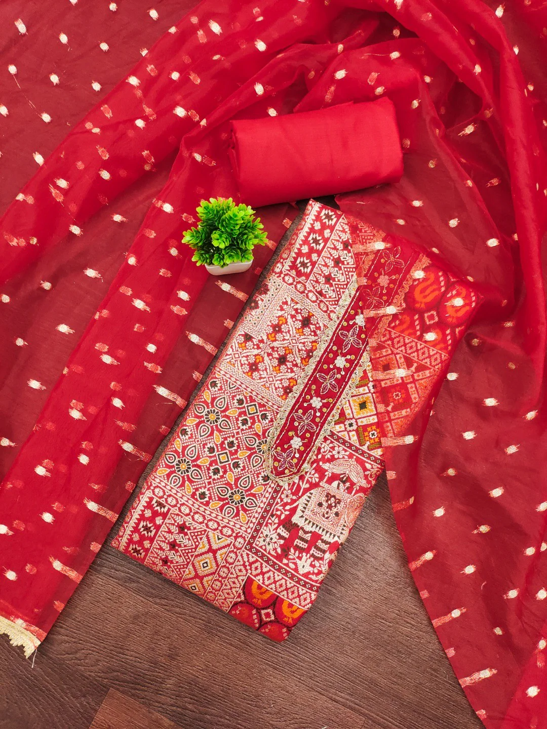 Luxurious Red Weaving Viscose Banarasi Dress Material Highlighted With Beads & Moti Handwork - Image 2