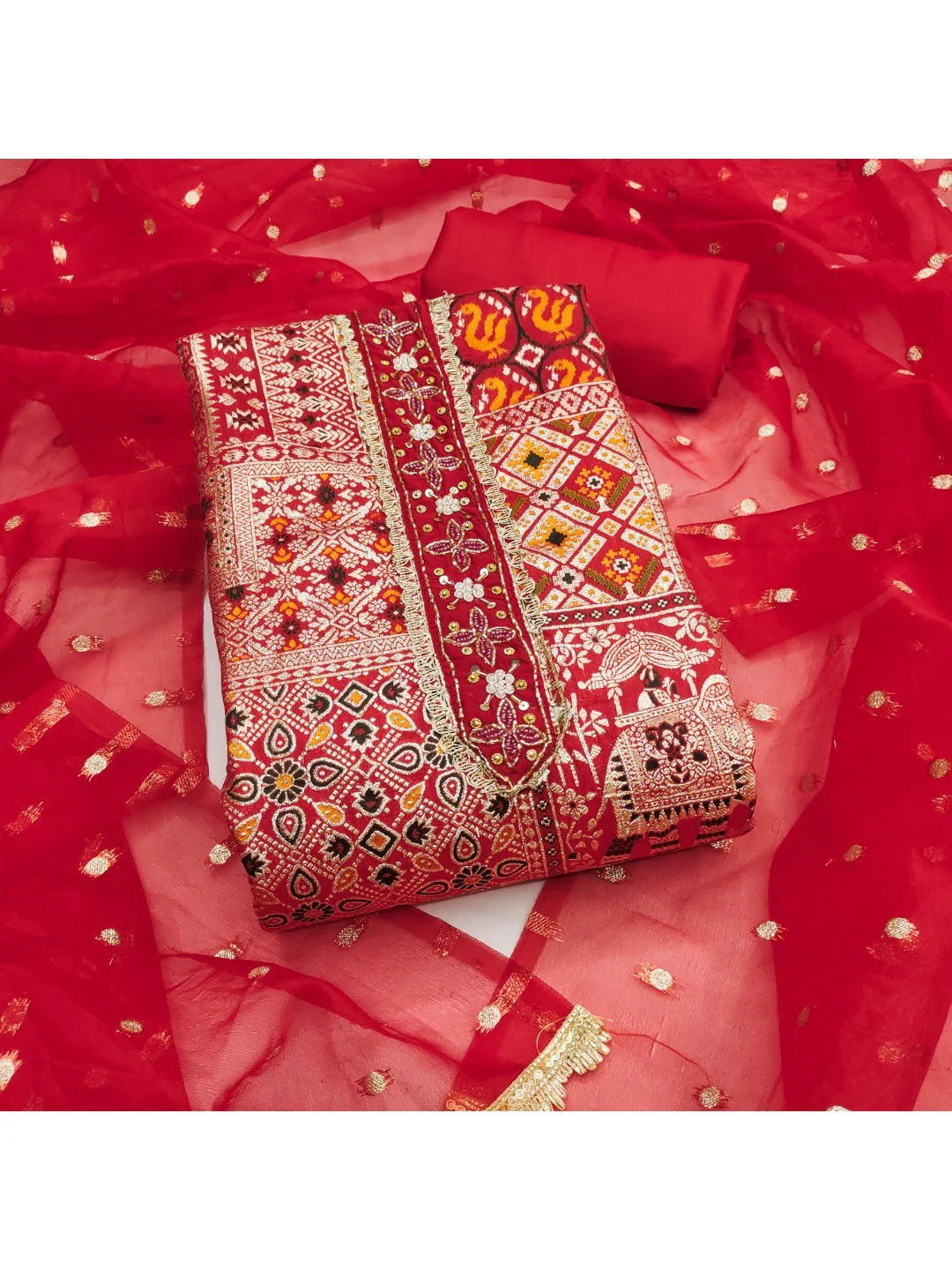 Luxurious Red Weaving Viscose Banarasi Dress Material Highlighted With Beads & Moti Handwork - Image 3