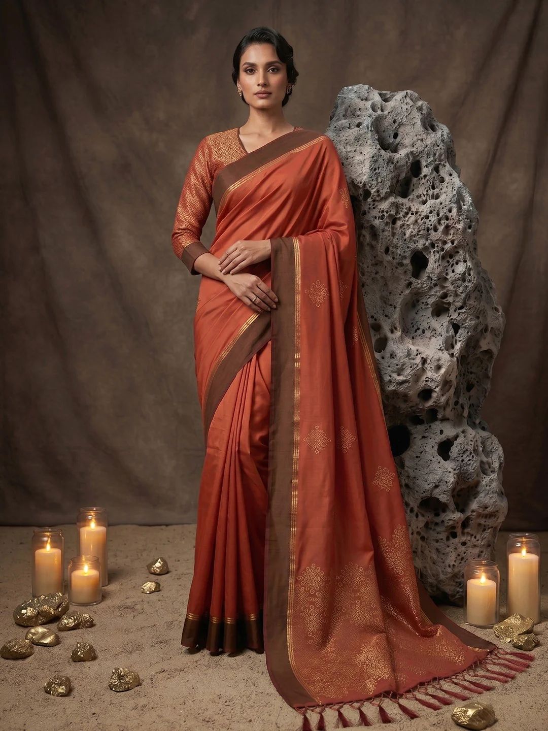 Luxurious Rust Silk Blend Saree Featuring Elegant Zari Weaving Work & Tassel Accents