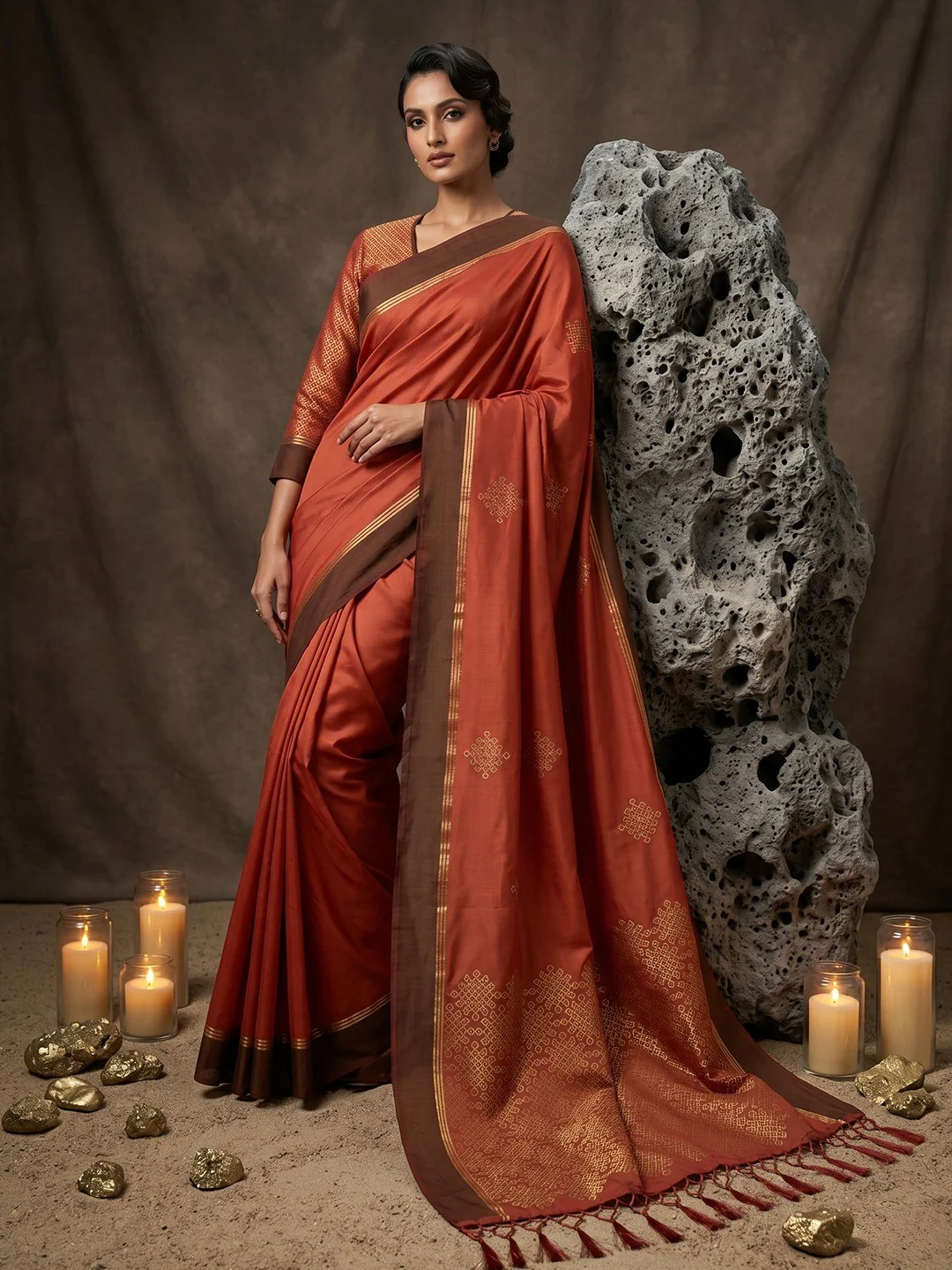 Luxurious Rust Silk Blend Saree Featuring Elegant Zari Weaving Work & Tassel Accents - Image 5