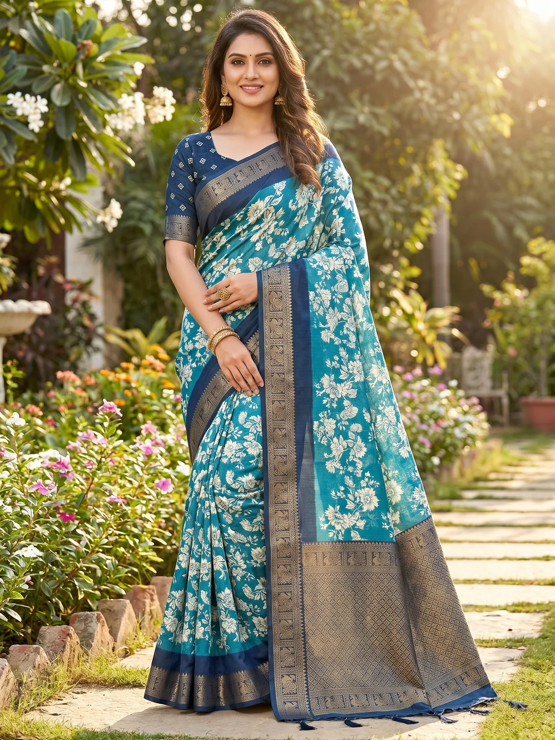 Luxurious Teal Blue Floral Print Dola Silk Saree With Intricate Peacock Motif Zari Woven Border - Image 3