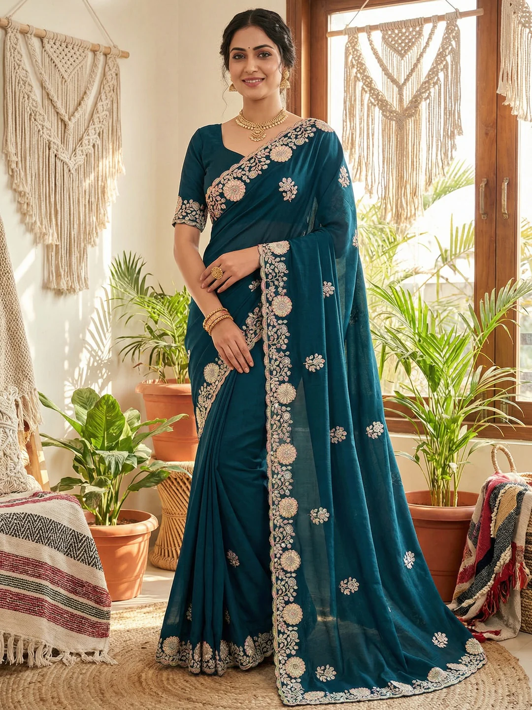 Luxurious Teal Blue Floral Vichitra Silk Saree Embellished With Thread Embroidery & Sequins Work
