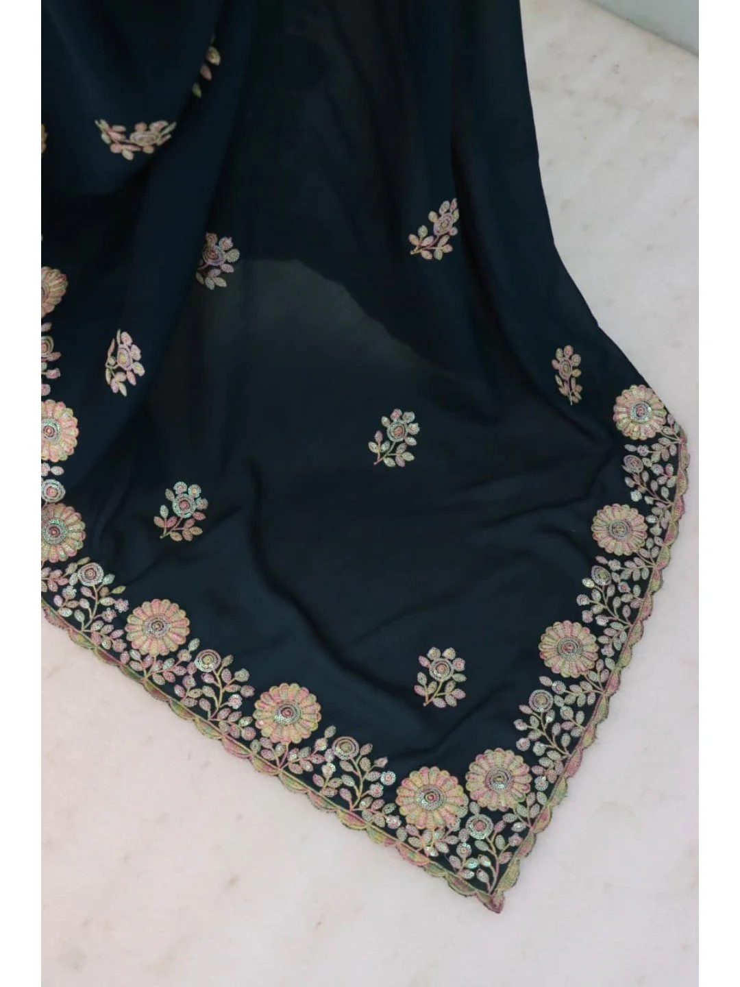 Luxurious Teal Blue Floral Vichitra Silk Saree Embellished With Thread Embroidery & Sequins Work - Image 3