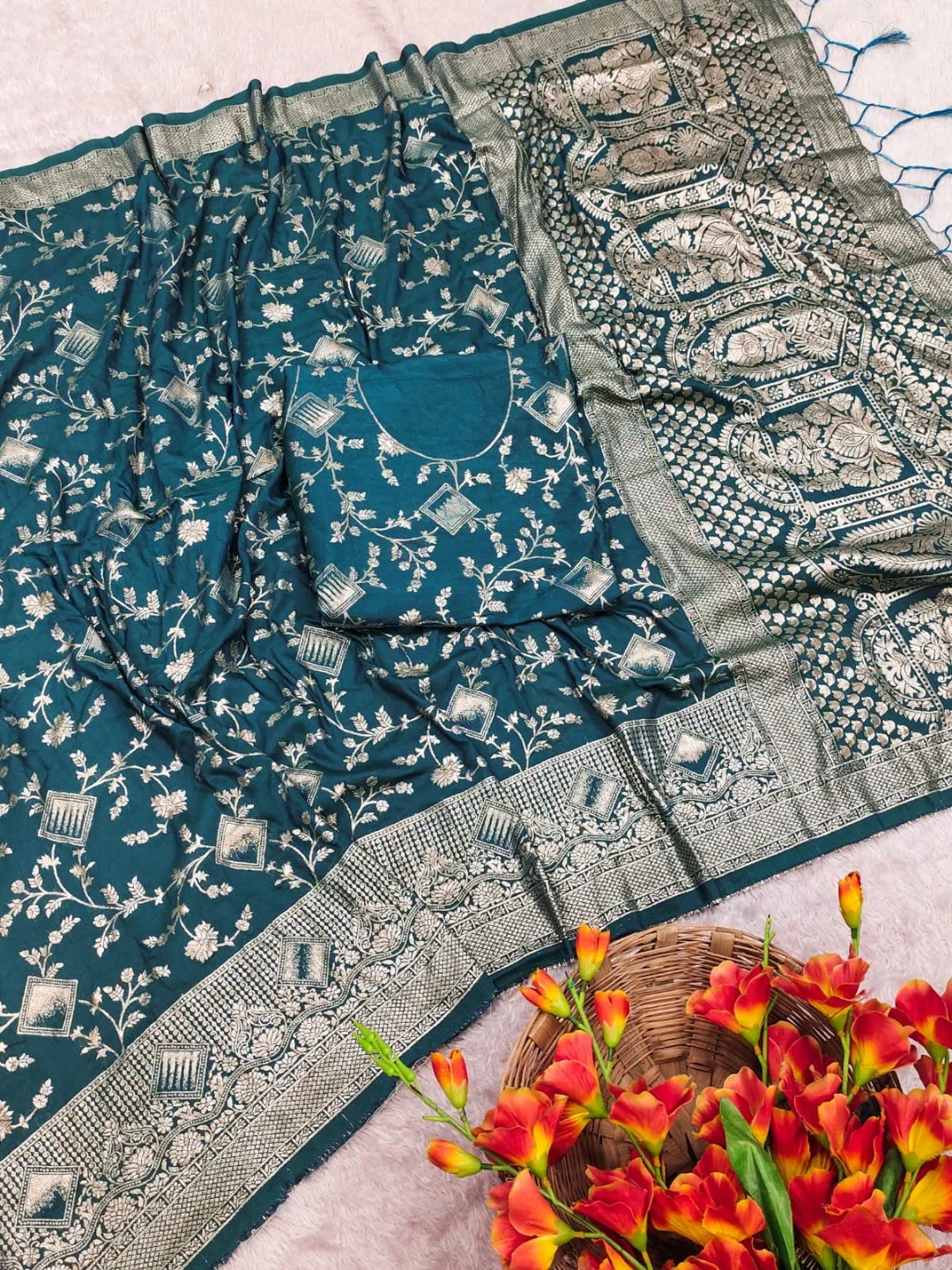 Luxurious Teal Blue Floral Weaving Dola Silk Saree With Handcrafted Tassel Pallu Finish - Image 3