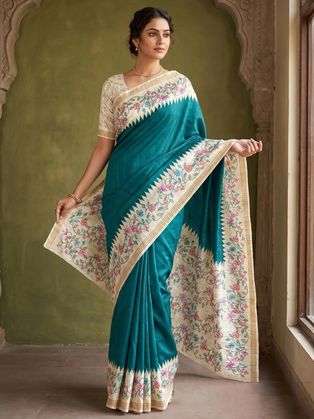 Luxurious Teal Floral Digital Print Dola Silk Saree With Stylish Designer Work