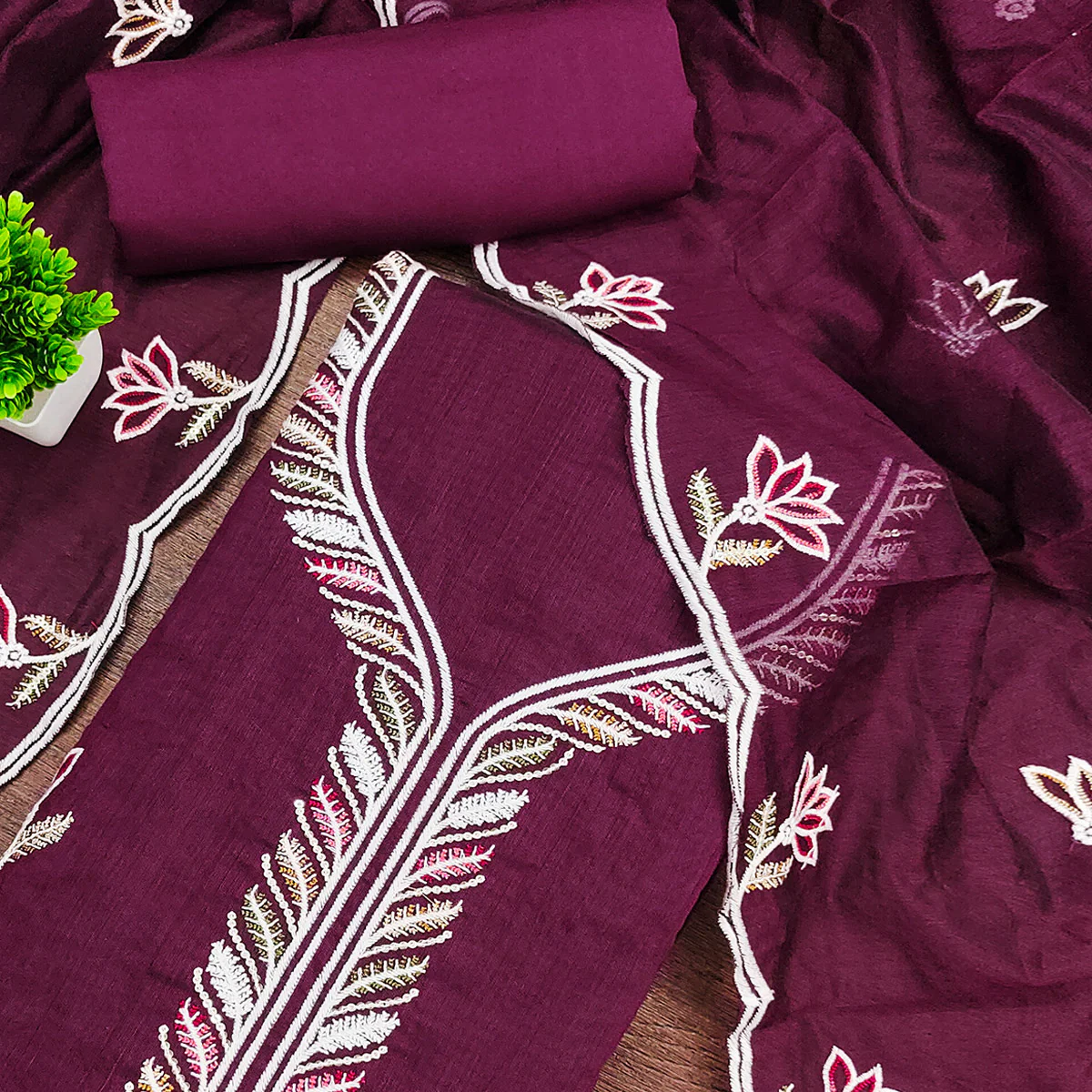 Luxurious Wine Chanderi Cotton Dress Material With Floral Thread Embroidery & Sequins Work - Image 2