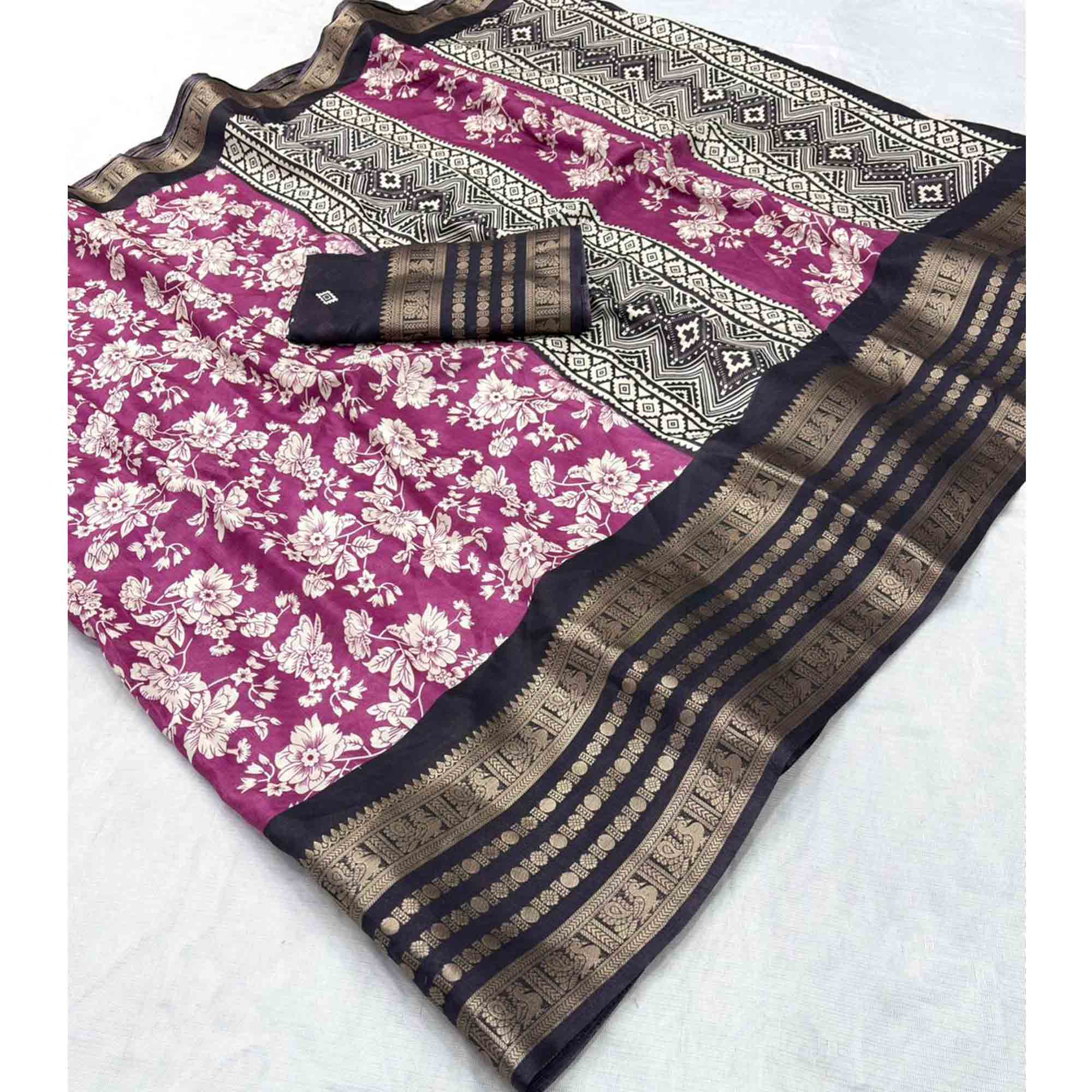 Luxurious Wine Floral Print Dola Silk Saree With Intricate Peacock Motif Zari Woven Border - Image 3