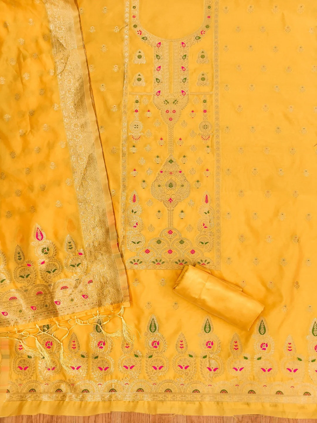 Luxurious Yellow Banarasi Silk Dress Material Showcasing Rich Floral Zari Weaving Design - Image 3