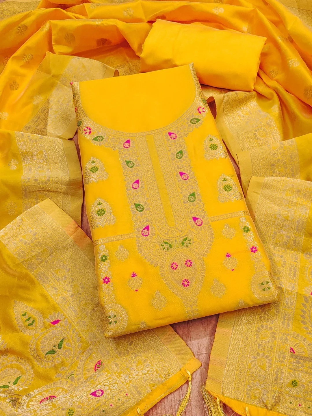 Luxurious Yellow Banarasi Silk Dress Material Showcasing Rich Floral Zari Weaving Design - Image 4