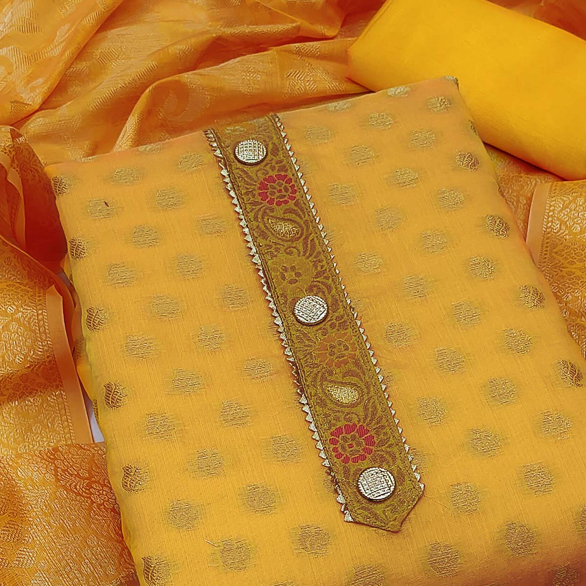 Luxurious Yellow Golden Butti Banarasi Silk Weaving Dress Material With Elegant Neck Work - Image 2