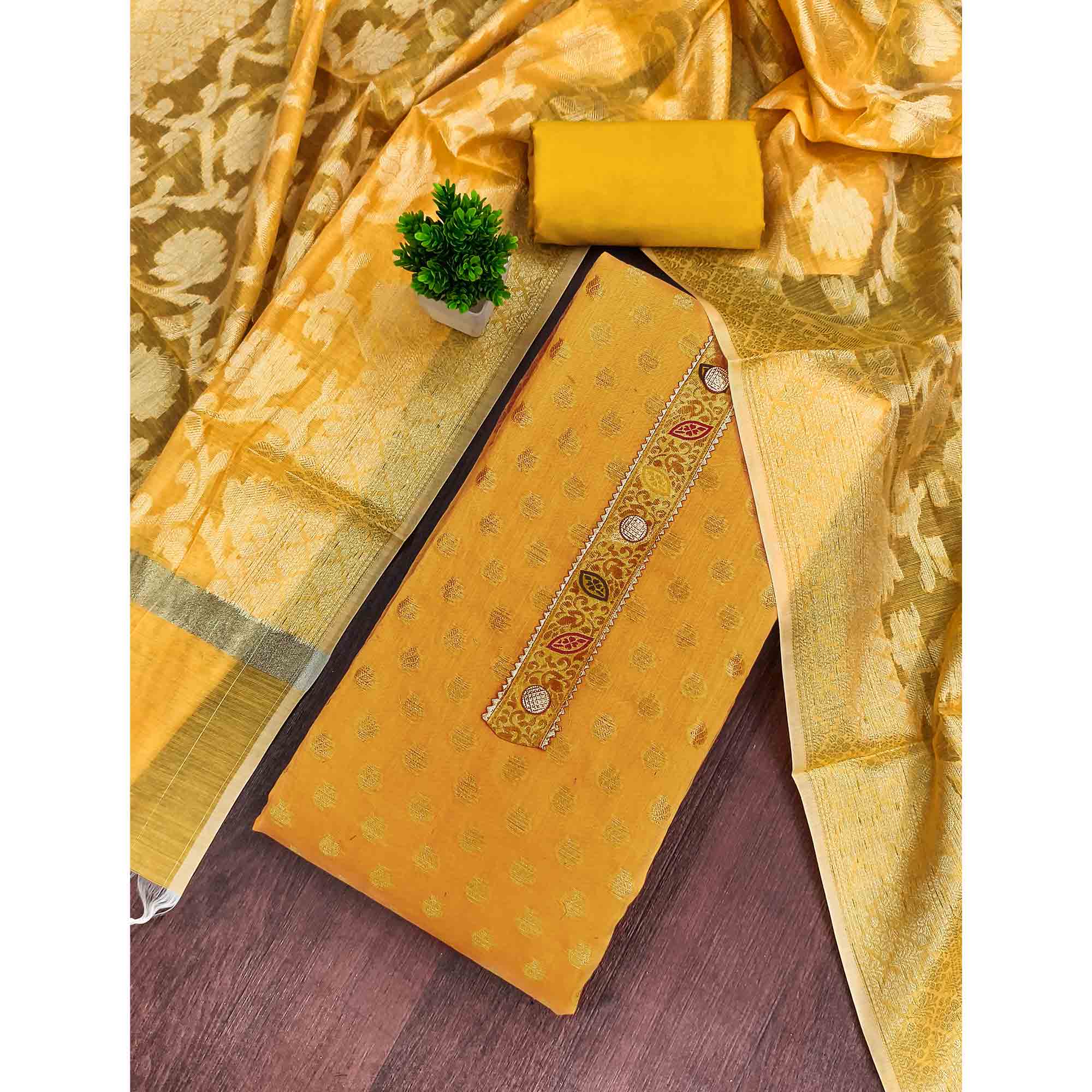 Luxurious Yellow Golden Butti Banarasi Silk Weaving Dress Material With Elegant Neck Work - Image 3